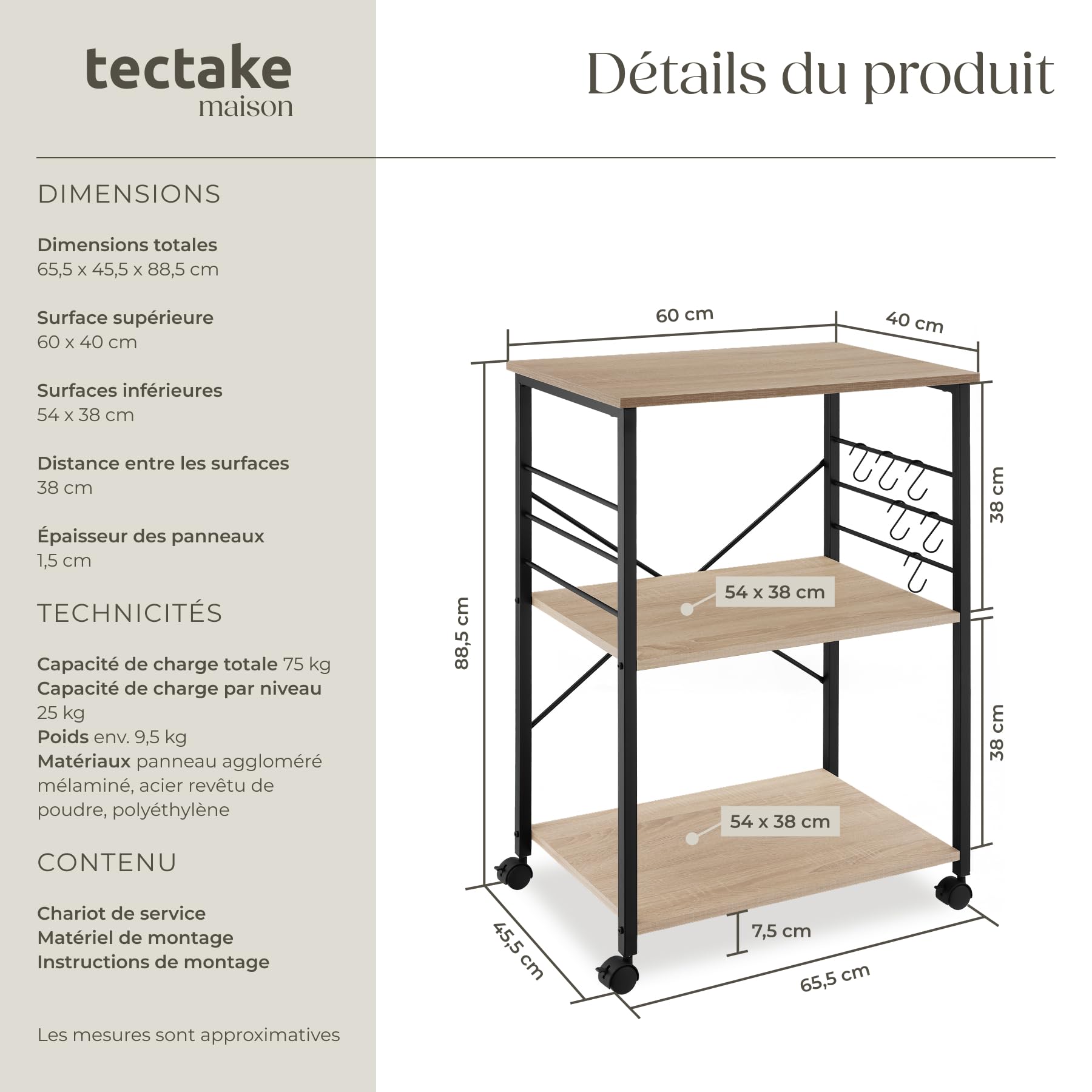 tectake® Desserte à roulettes 65,5 x 45,5 x 88,5 cm, Servante à 3 Niveaux et 6 Crochets pour Accessoires Chariot de Service Desserte de Cuisine roulettes pivotantes à Frein Meuble Cuisine, Bois Clair