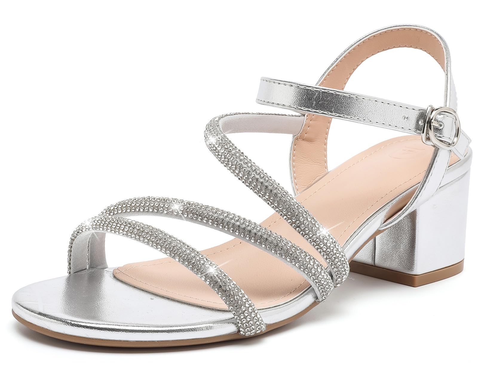 DADAWEN Women's Strappy Open Toe Rhinestone Low Block Chunky Heels Sandals Ankle Buckle Heeled Sandals Wedding Party Dress Pumps Shoes