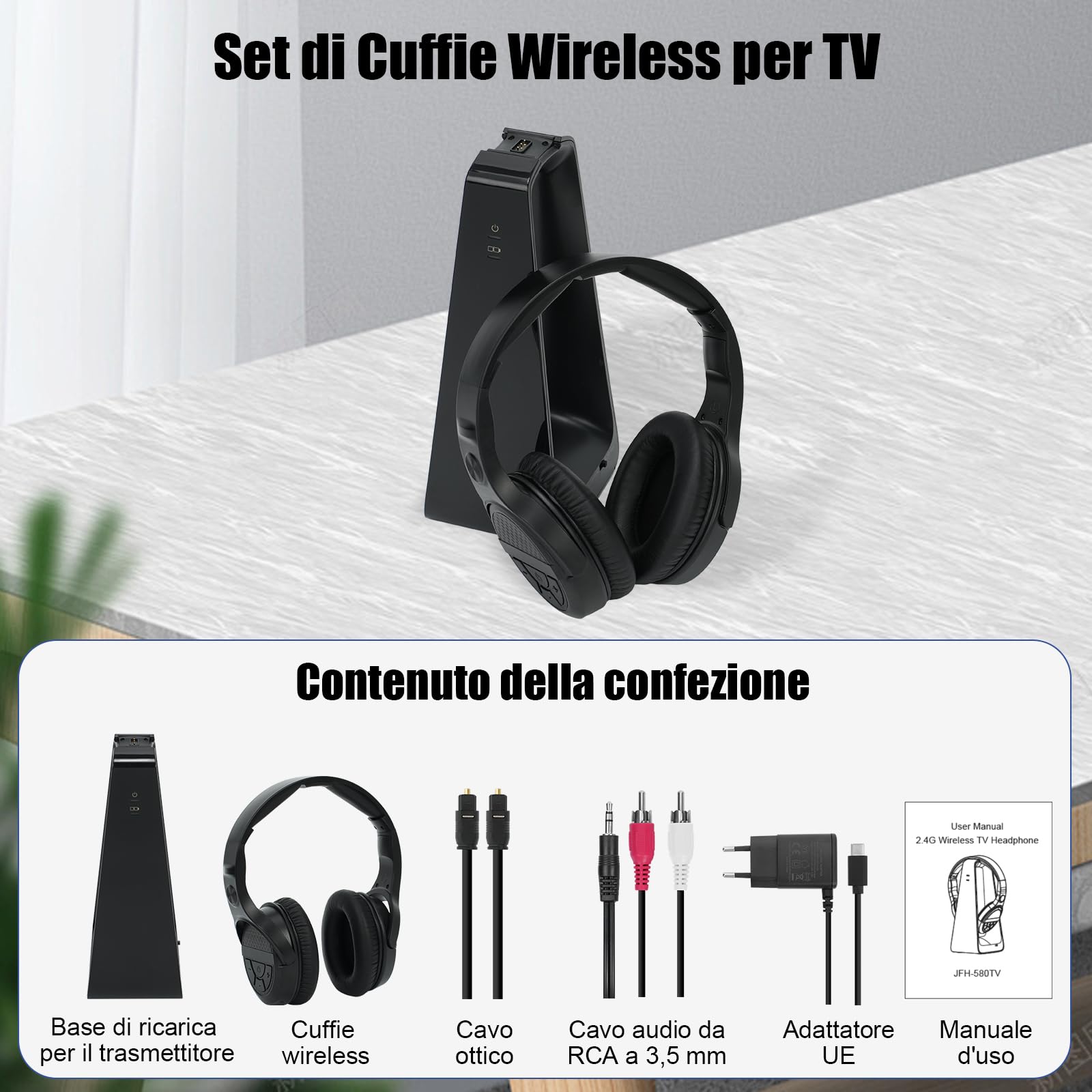 Cuffie TV Senza Fili con Base Trasmettitore di Ricarica, Cuffie Wireless per TV, Pulsanti Grandi e Amplificazione del Suono per Anziani, 20H di Autonomia, Cuffie Bluetooth Leggere e Confortevoli