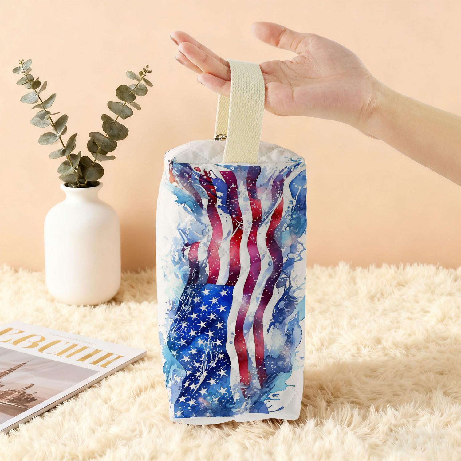 USA Flag Printed Quilted Makeup Pouch for Women - Velvety Polyester Cosmetic Organizer w/Triple Compartments, Travel & Makeup Brush Holder - Image 6