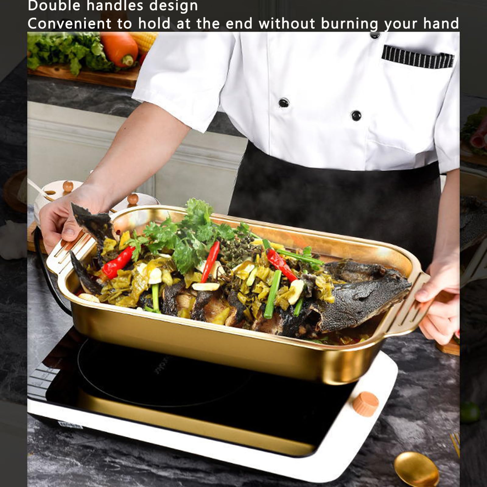 Bandeja rectangular profunda para asar lasaña de acero inoxidable con asas, para asar pescado, tartas, galletas, alimentos, lavavajillas, para cocinar carne de res, verduras, 37 cm