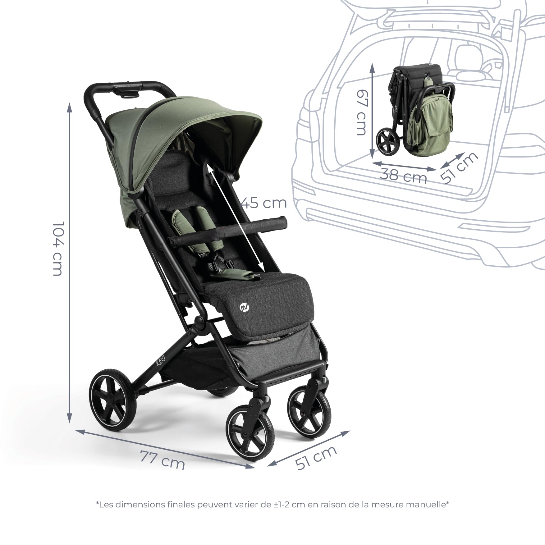MS BabyWorld – Keo – Poussette légère jusqu'à 22 kg | Capote extensible | Pliage type livre | Ultralégère et compacte | Grandes roues (Vert Noir)