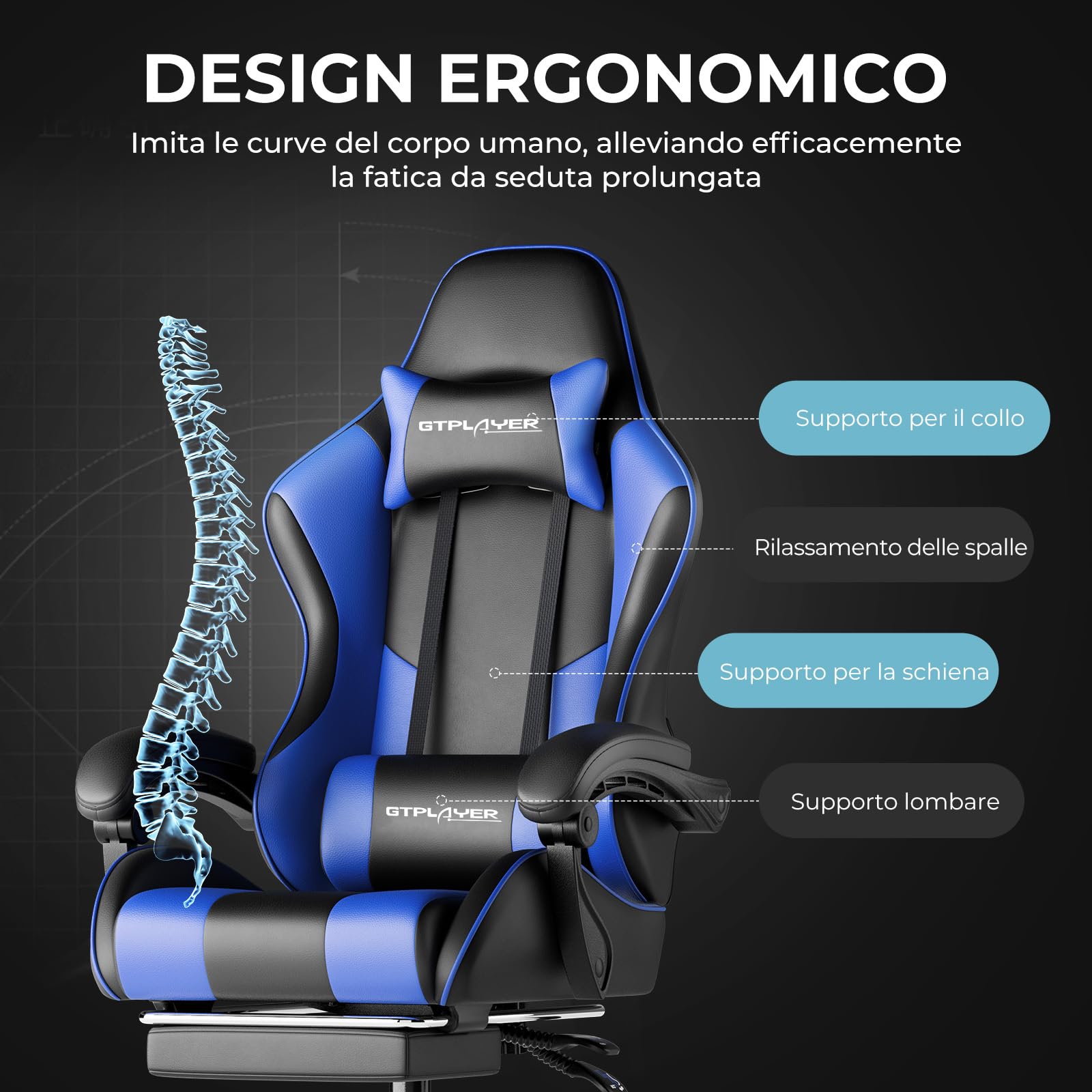 LUCKRACER Sedia da Gaming Massaggiante ed Ergonomica con Schienale Regolabile, Poggiapiedi e Supporto Lombare - Reclinabile, Blu