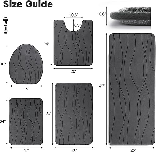 Miniatura 2 de YIHOUSE Juego de 5 tapetes de baño de espuma viscoelástica, color gris, ultra absorbentes, para baño, antideslizantes, lavables a máquina y se secan