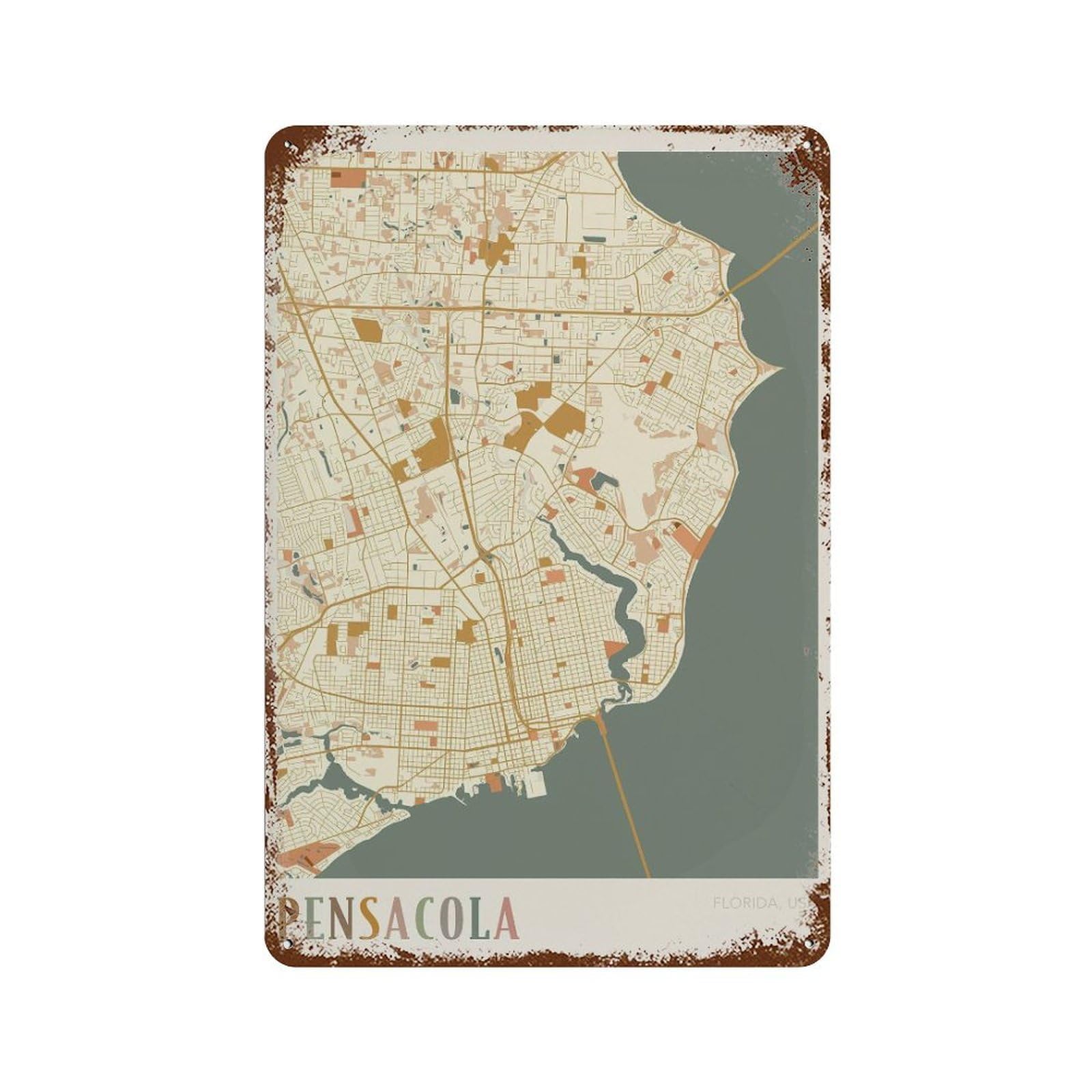 xiaoxiaoshen Pensacola Map City Florida Travel Gift Boho Wall Decor Art Metal Tin Poster Modern Home Decor Art Home Bar Shop Decorations Vintage Sign 30x20cm