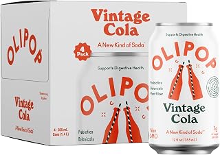 OLIPOP Vintage Cola Prebiotic Soda - Gut-Friendly, Low Sugar High Fiber Soft Drink, 12oz 4-Pack