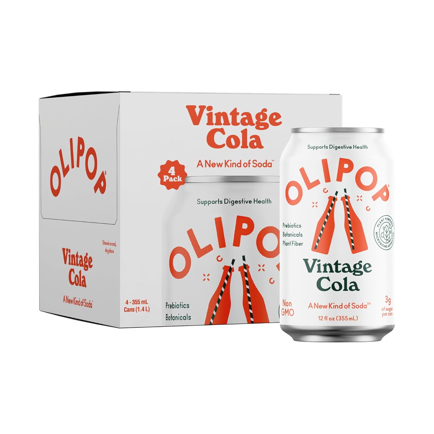 OLIPOP Vintage Cola Prebiotic Soda - Gut-Friendly, Low Sugar High Fiber Soft Drink, 12oz 4-Pack