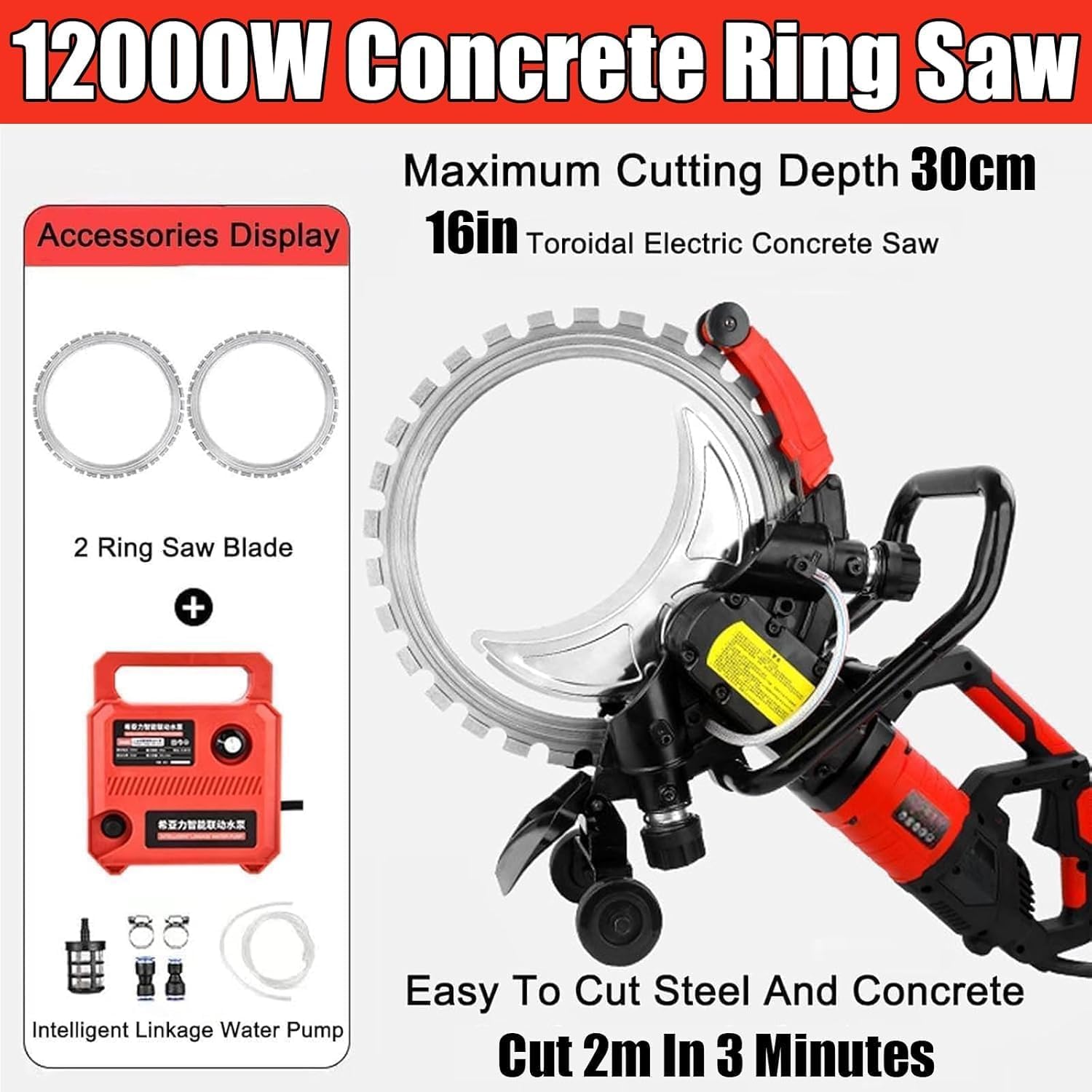 Accessories display including two ring saw blades and intelligent water pump