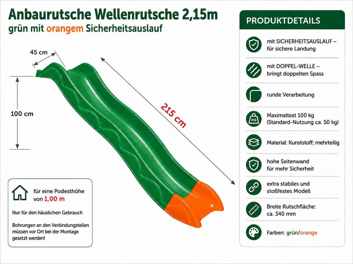 Anbaurutsche Wellenrutsche 2,15 m Grün mit orangem Sicherheitsauslauf – Kunststoff Kinderrutsche für Podesthöhe 1,0 m – stabile Gartenrutsche mit hohen Seitenwänden für Spielturm & Klettergerüst