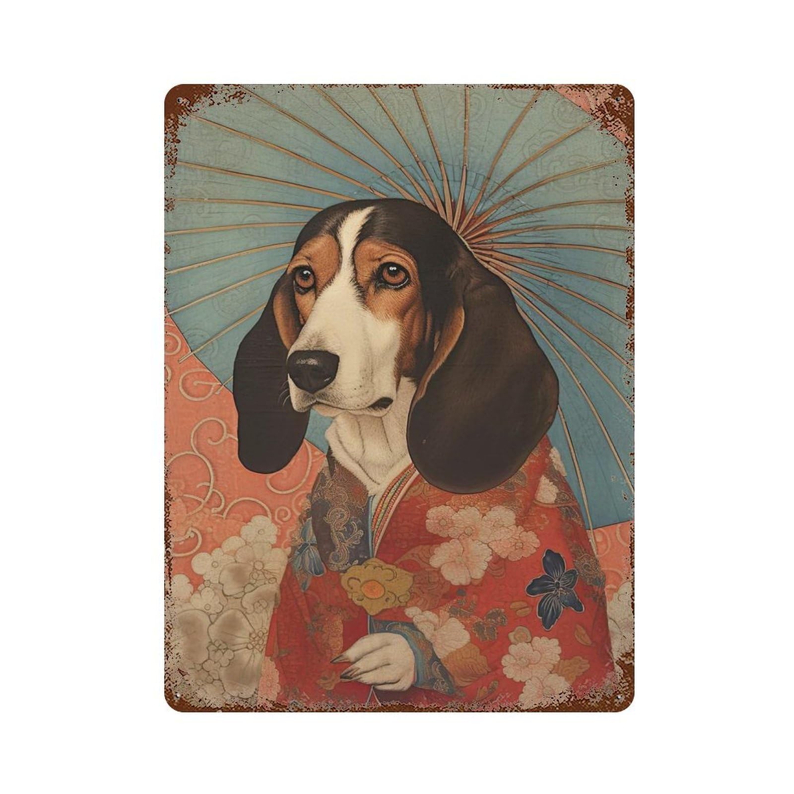 Basset Hound Geisha 15.7"x11.8" Vintage Rust Metal Sign, Shabby Chic Decor for Cafe, Home Bar And Lounge Decor