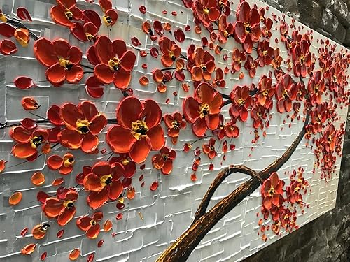 Miniatura 7 de YaSheng Art Pintura al óleo pintada a mano de gran tamaño sobre lienzo con textura de cuchillo de paleta de flores rojas, pinturas modernas para