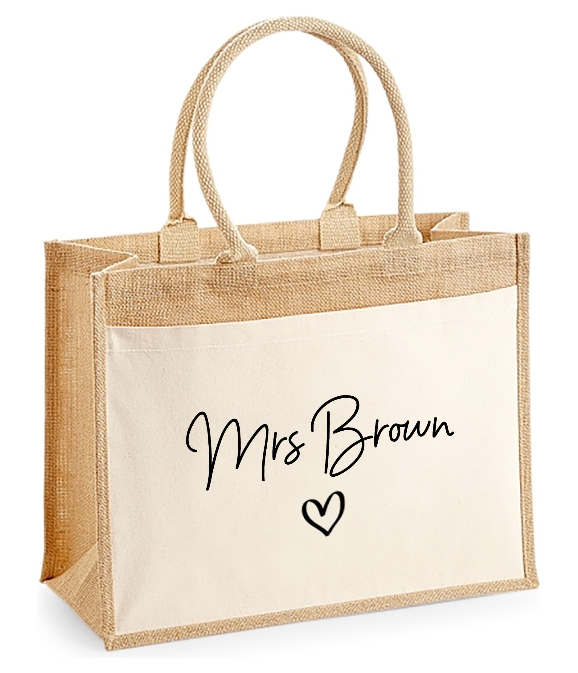 Daytripper Personalised Jute Bag, Custom Name, Lunch Bag, Gift Bag, Bags For Work, Love Heart Tote, Teacher Gifts (LARGE)