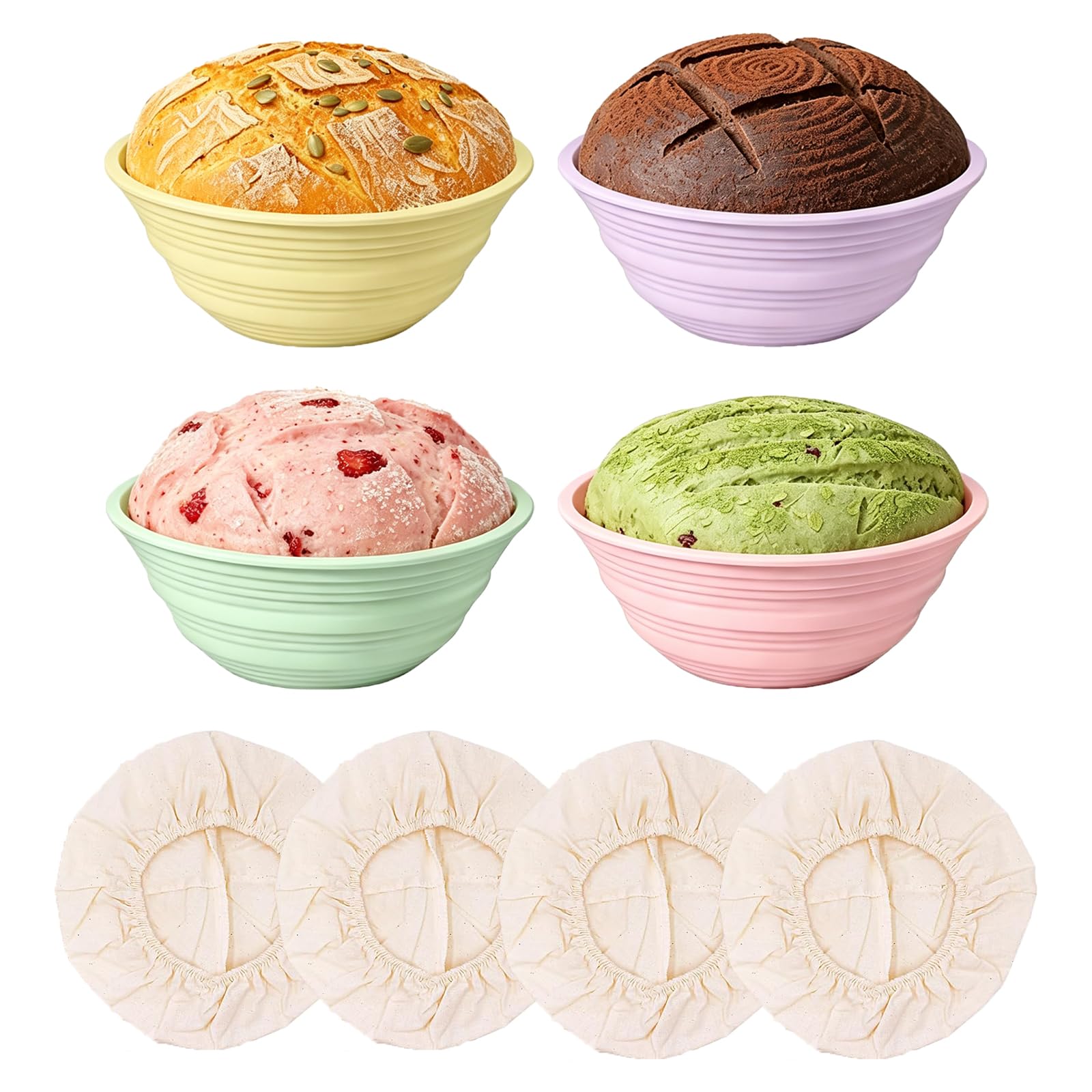 4PCS Silicone Banneton Bread Proofing Baskets, 23CM Round with Liner & Cover, Non-Stick Dough Proofing Bowl Containers, Oven & Dishwasher Safe, Foldable, BPA Free,Gifts for Women,Bakers — image 1