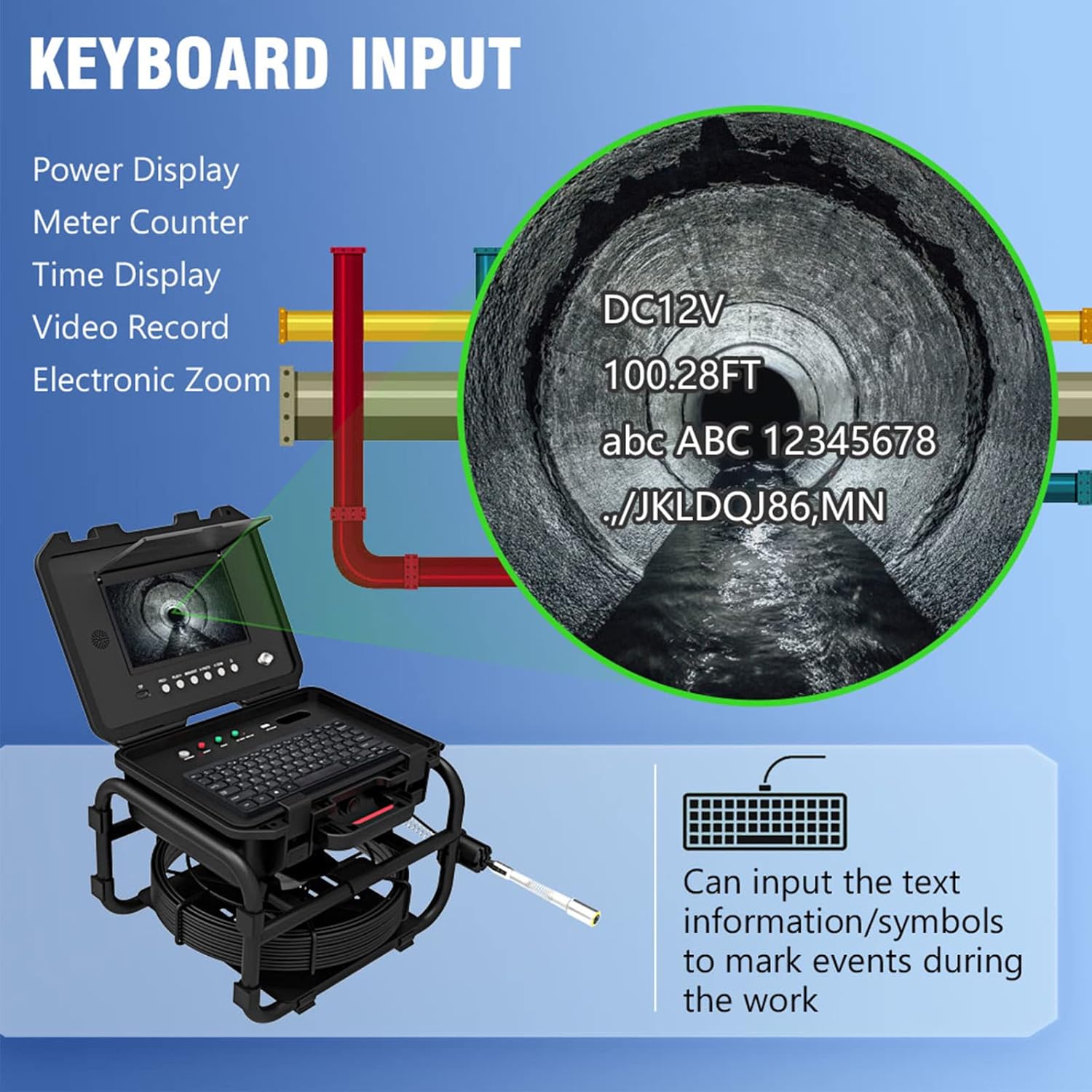 HD Sewer Camera with 512 Hz Pipe Locator, 9 Inch IPS Color Screen Drain Inspection Camera, DVR Video Recording+5X Image Magnification+Meter Counter,20M