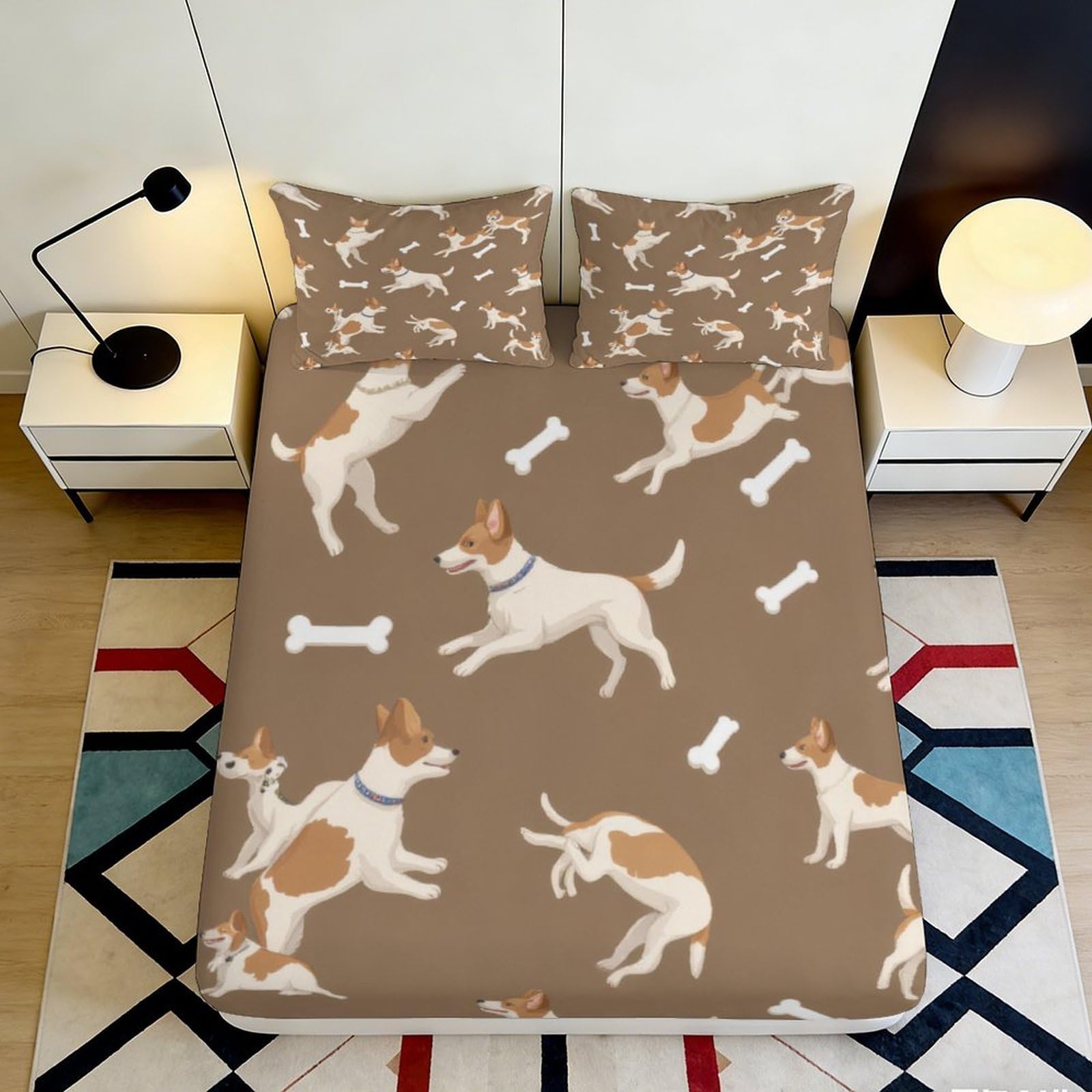 3D Printed Playful Dog Pattern Fitted Sheet Microfiber Brown Cute Puppy Bone Mattress Cover for Bedroom Guest Room Decor 120x200x25cm