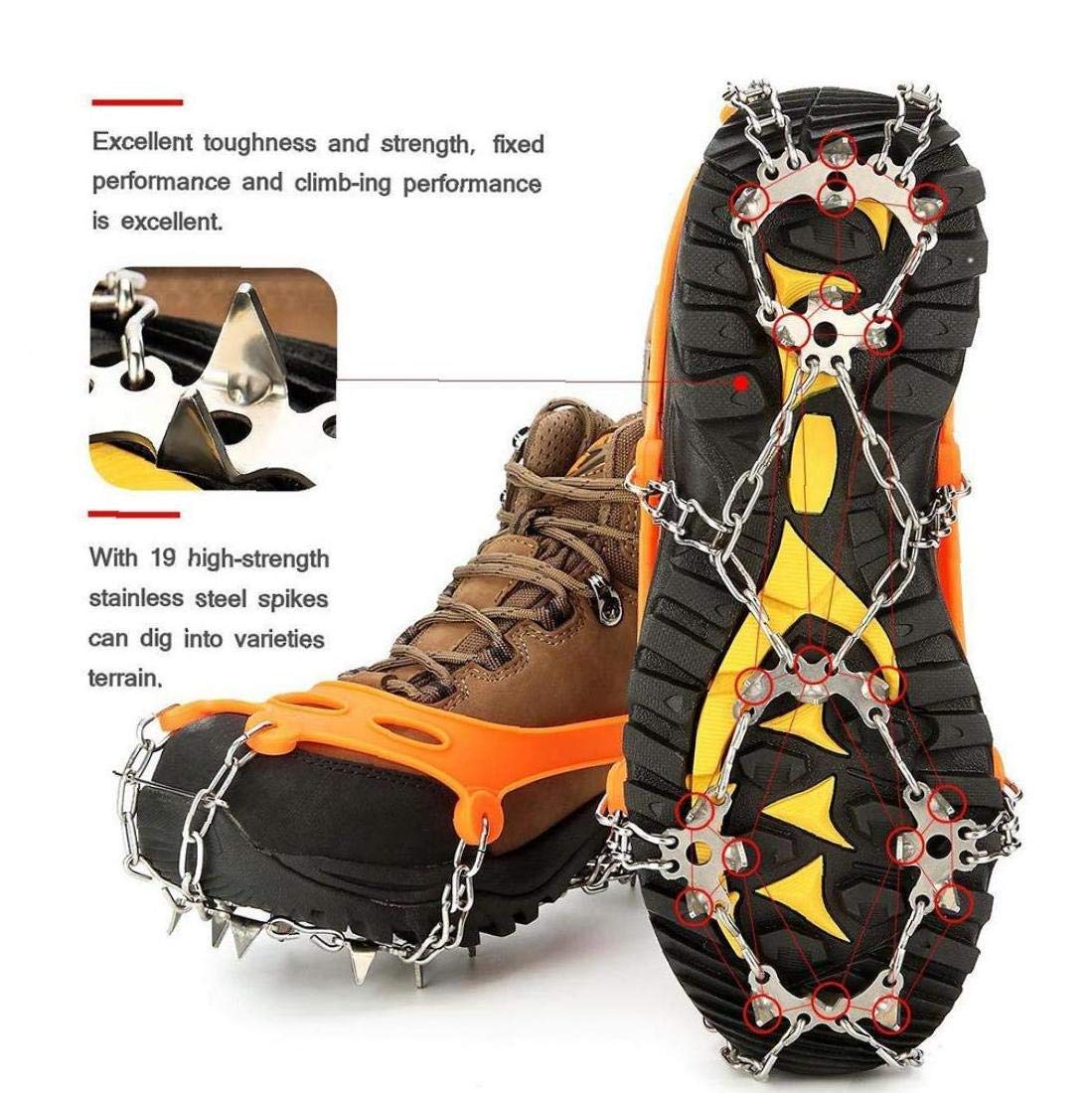 Ice Snow Grips Chaussures Grippers Crampons de Traction Crampons avec 19 Pointes Orange pour l'escalade Randonnée sur Neige et Glace (m)