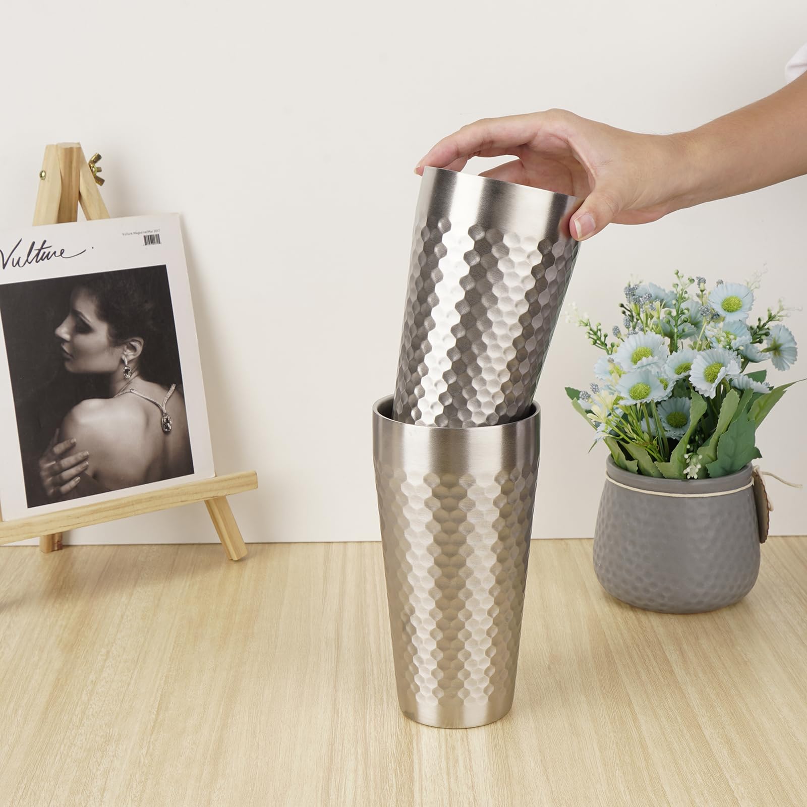 Adorila 4 Stück Edelstahl-Isolierbecher, doppelwandig, 625 ml, stapelbare Metallbecher zum Trinken, wiederverwendbare Trinkgläser für Zuhause, Büro, Party, Outdoor (Silber)