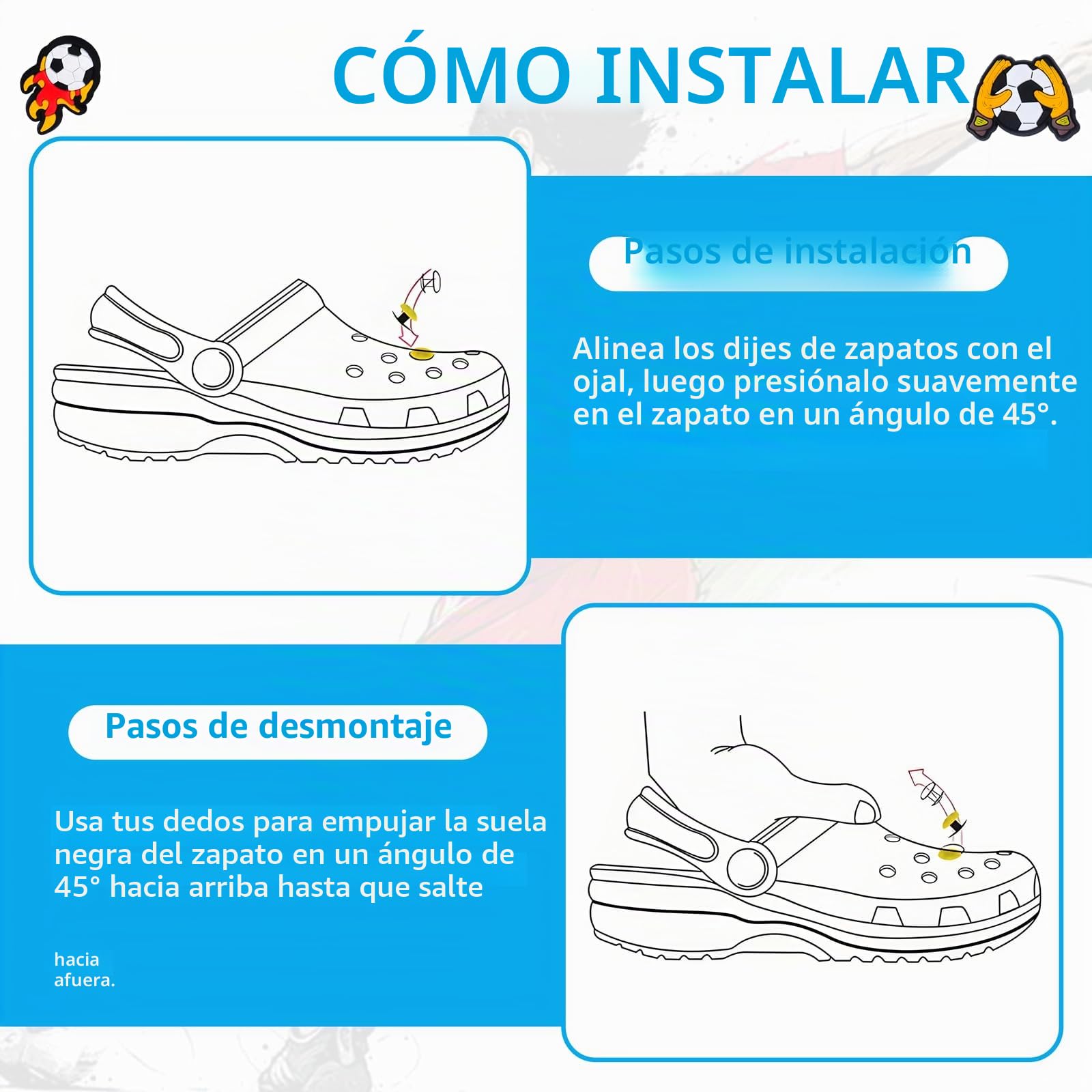 Adornos para Zapatos Crocs de Fútbol: Pins PVC DIY Decoración de Dibujos Animados para Niños Niñas Adultos