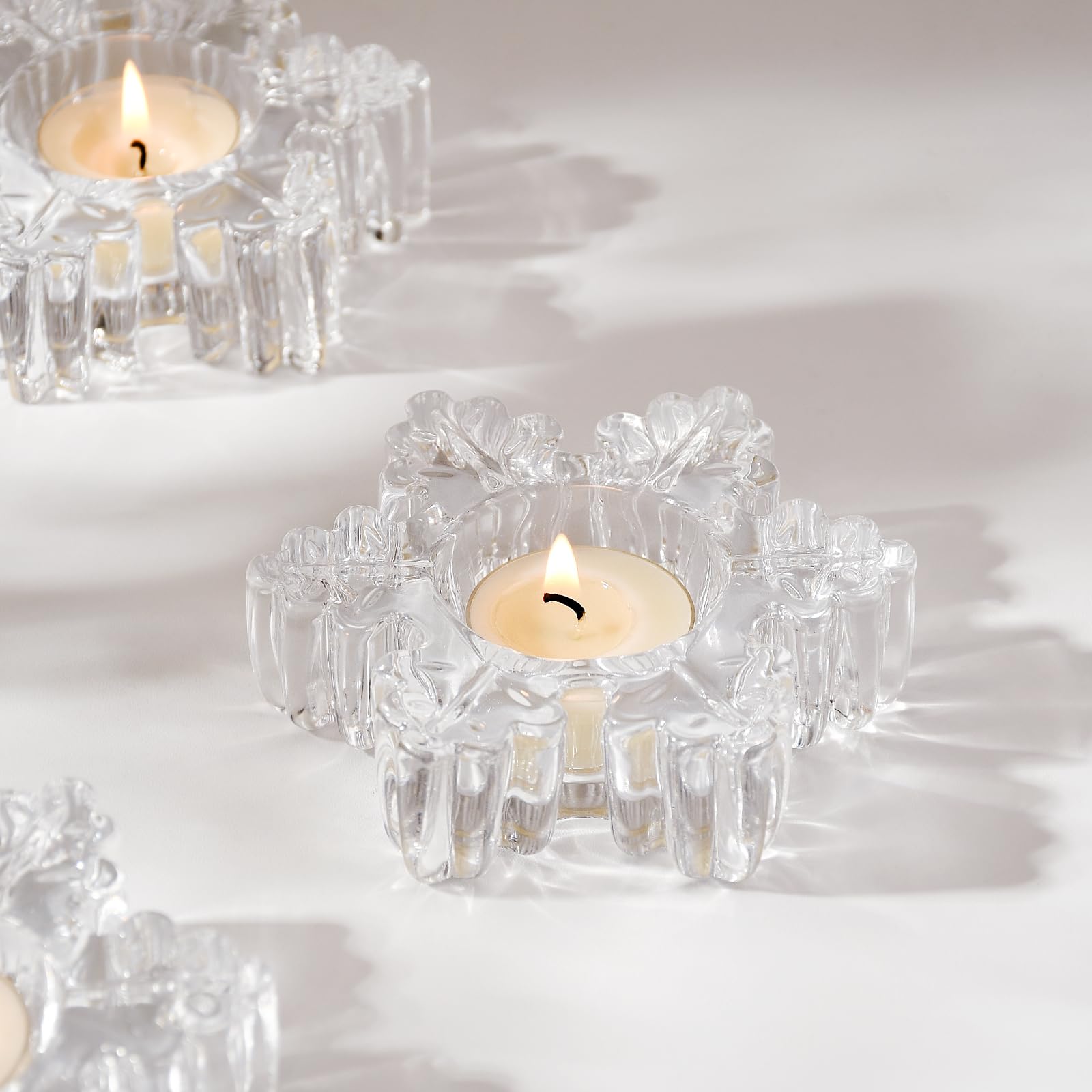 Lot de 4 photophores en verre transparent en forme de flocon de neige pour décoration de table, centre de table de mariage d'hiver, fournitures de fête de Noël
