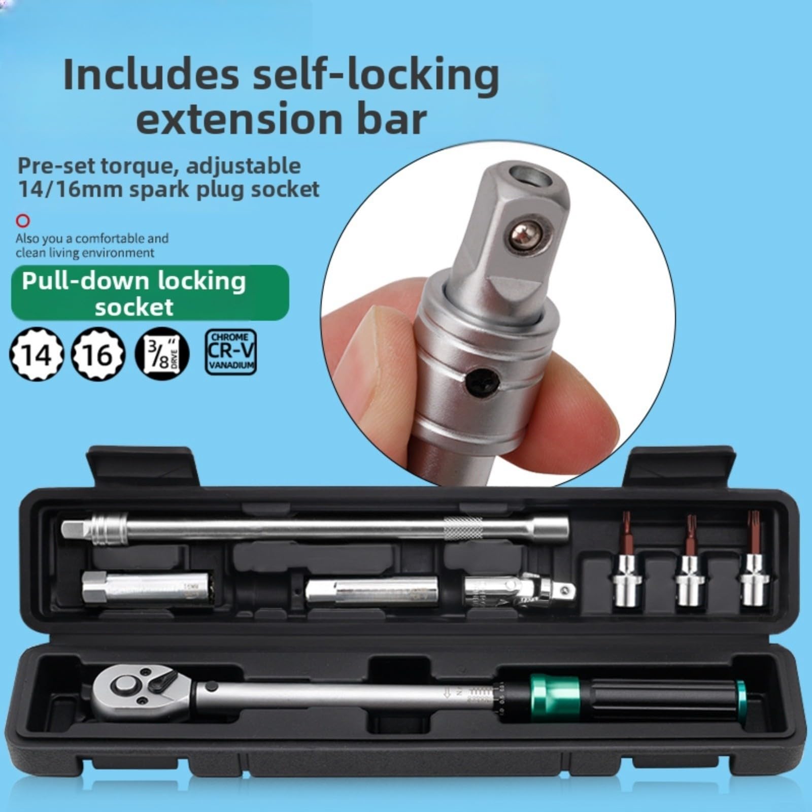 Chiave dinamometrica, 5-60 N.m, chiave dinamometrica regolabile a 72 denti, kit di chiavi magnetiche in acciaio al cromo vanadio, per manutenzione auto, nero e verde (8 kit)