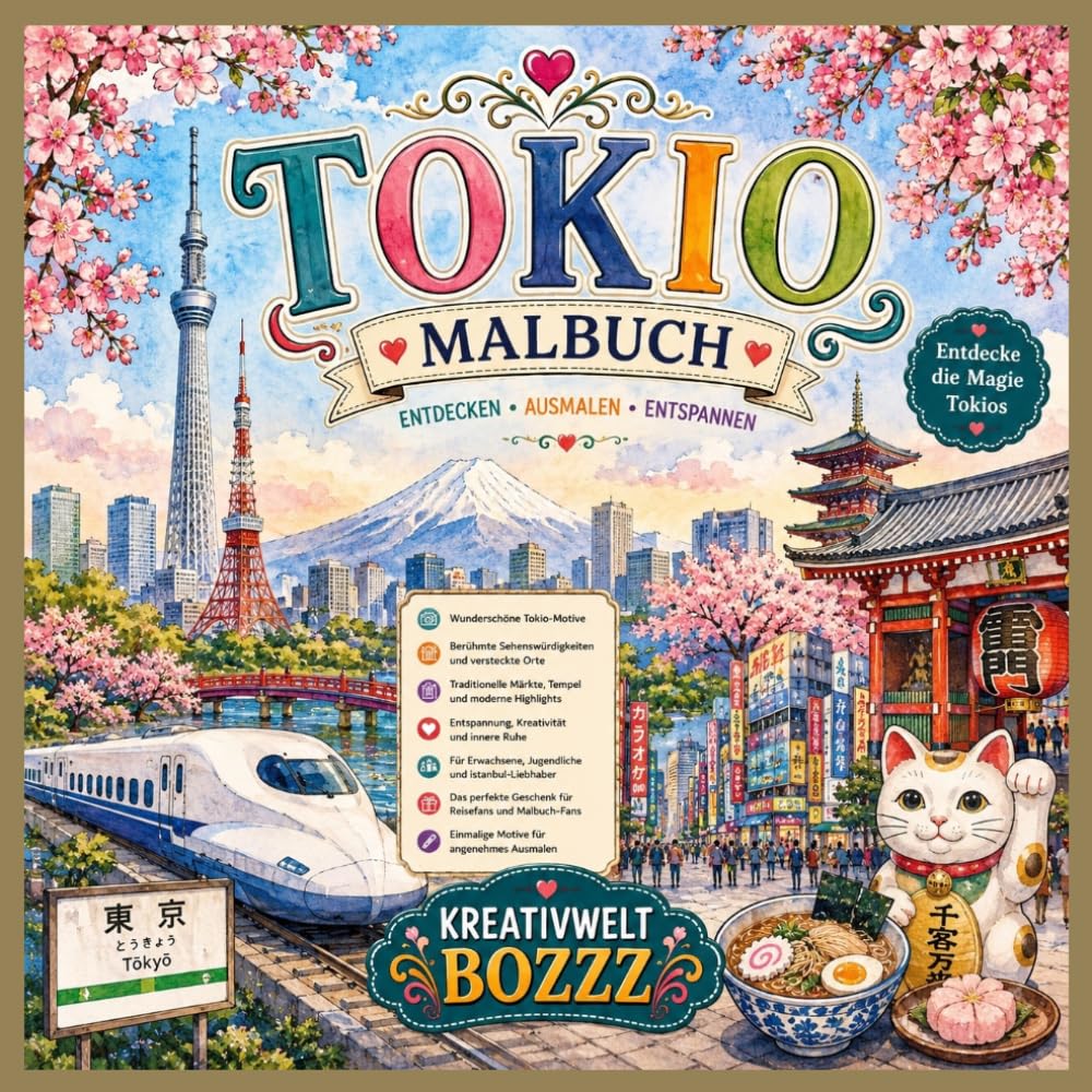 Tokio Malbuch – Entdecke die Magie der japanischen Hauptstadt: Wunderschöne Ausmalbilder mit berühmten Sehenswürdigkeiten, Tempeln, Essen, Natur, ... für Kinder, Jugendliche und Erwachsene