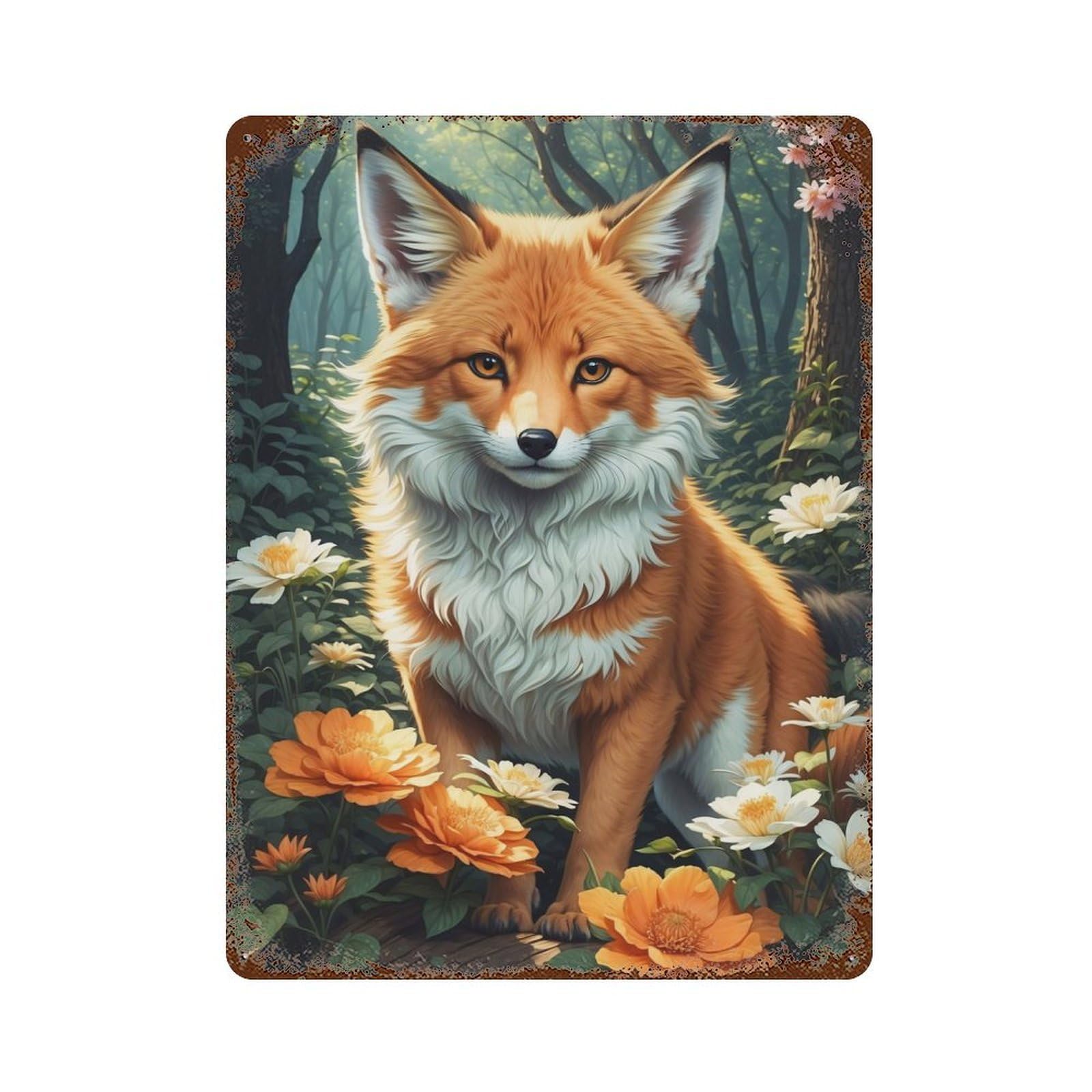 The Fox And The Flowers Retro Metal Sign 15.7"x11.8", Shabby Chic Decor for Bistro, Counter And Cafe Decor