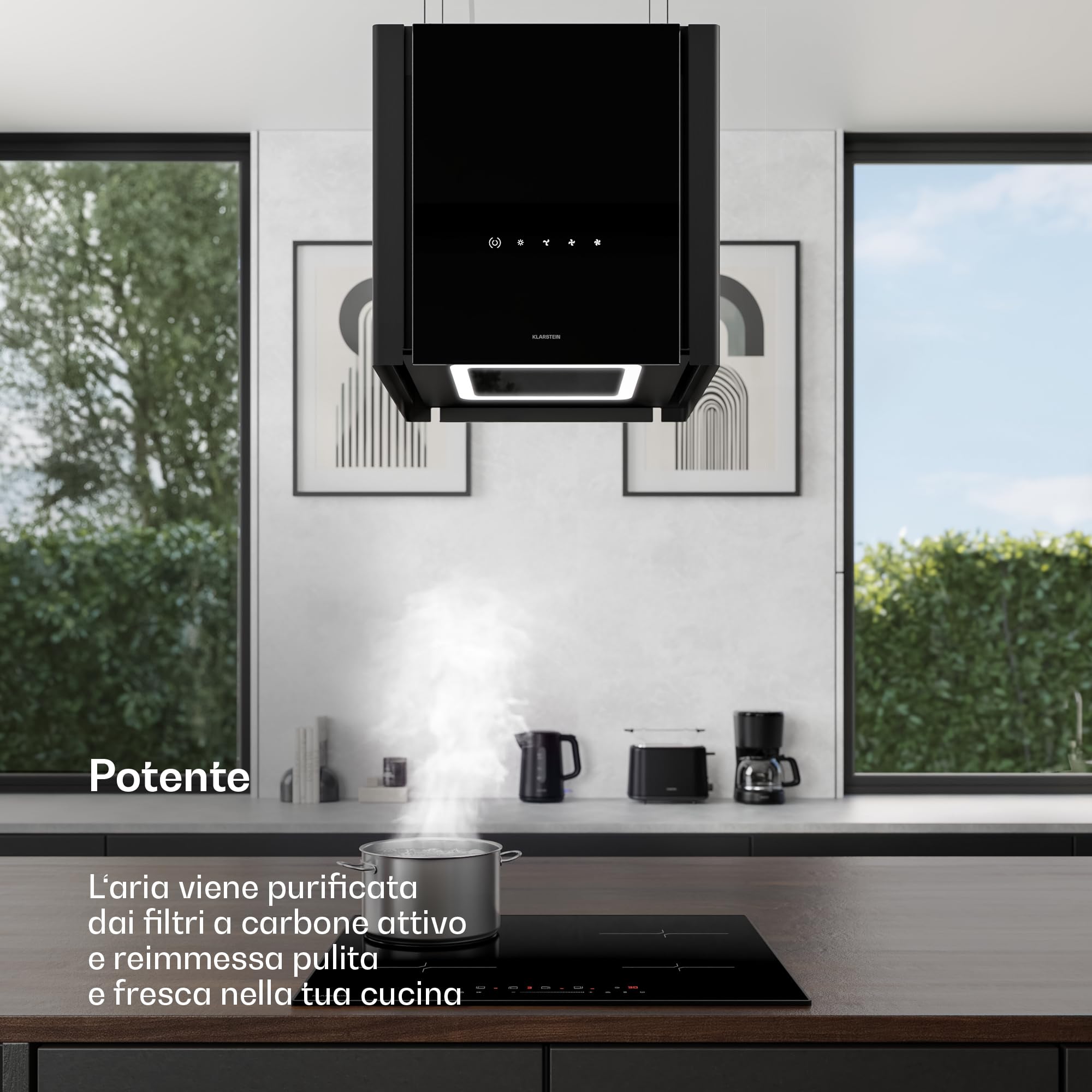 Klarstein Velaire - Cappa Aspirante a Soffitto - 601 m³/ora, Efficienza A++, Touch, LED, Filtro a Carboni Attivi, 41x41x40 cm, Cappa Filtrante da Cucina Sospesa, Nera