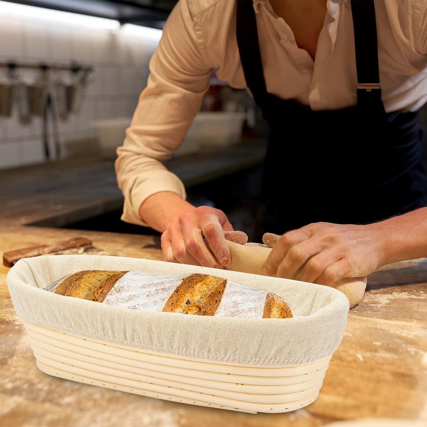 Cestino ovale lungo da 30 cm in rattan per lievitazione impasti e panettieri professionali e casalinghi