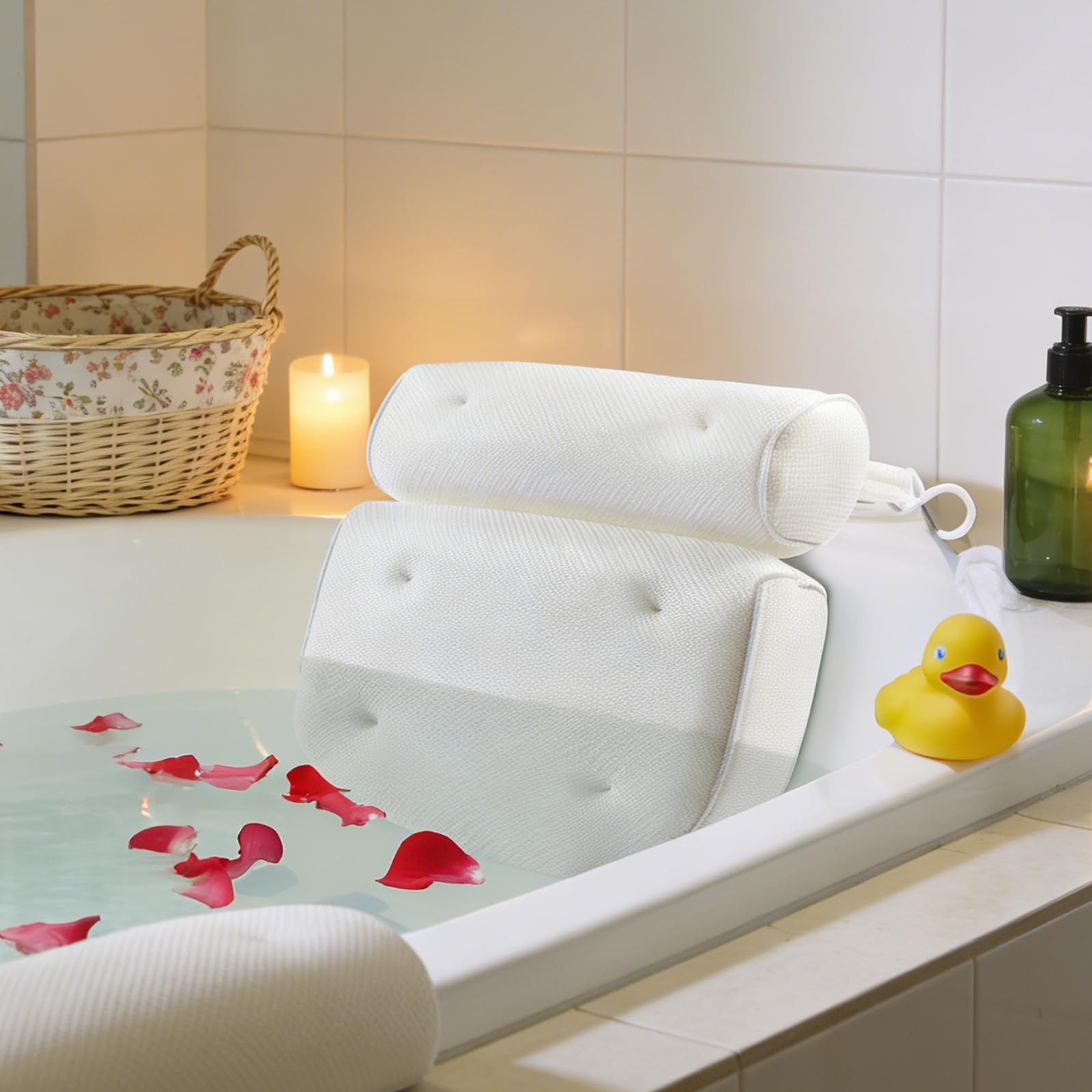 Almohada Bañera Antideslizante, Cojin Bañera con 6 Ventosas, Hidromasaje para Bañera, Suave y Confortable Almohada para SPA y Baño Relajante, Soporte para Cuello y Espalda, Blanco