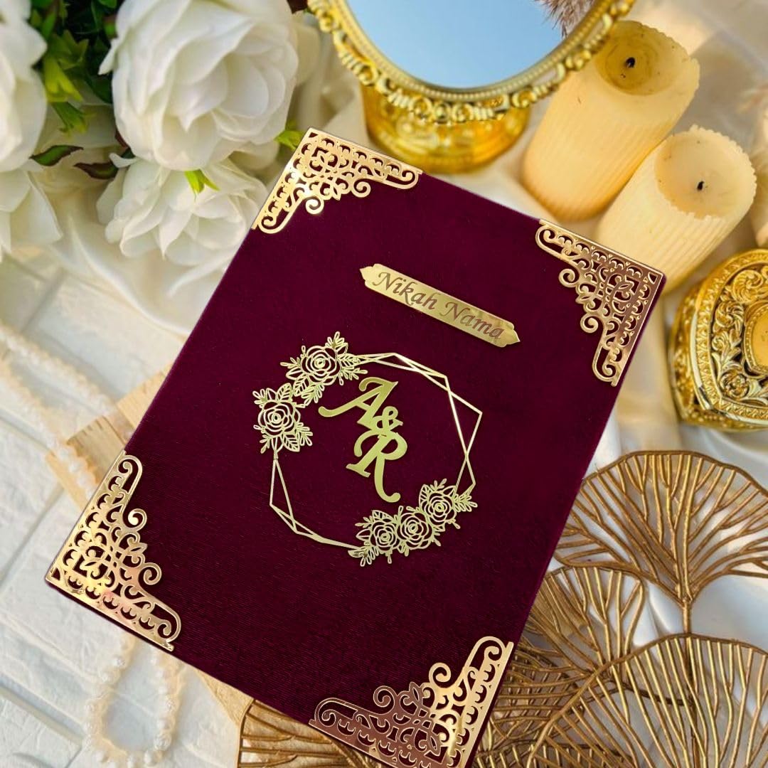 Personalized Floral Nikah Nama Thumb Print Booklet – Customised Maroon Floral Nikah Sign and Thumb Impression Booklet l Nikah Nama Certificate for Islamic Couple Wedding Gift.-image-6
