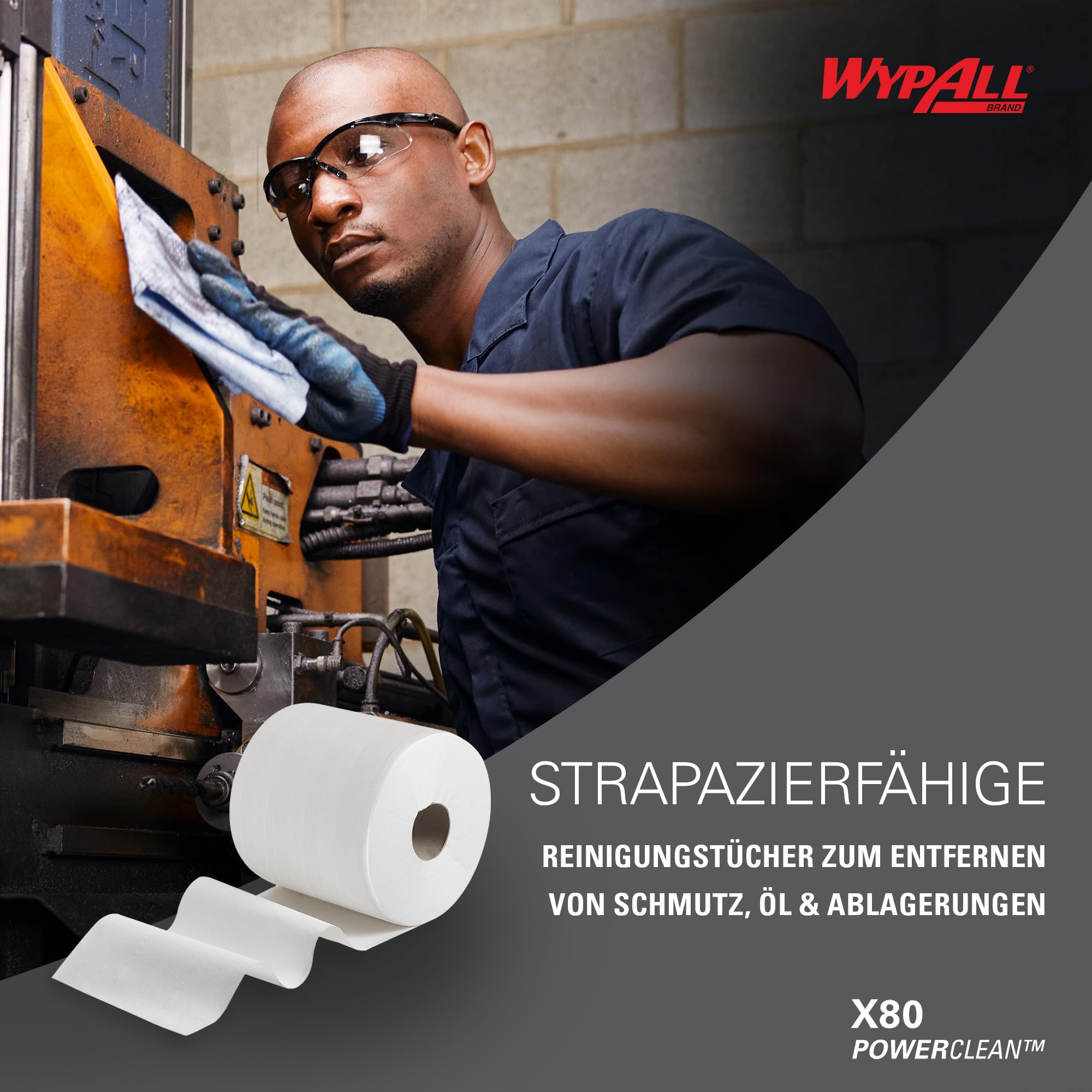 WypAll X80 Power Clean Tücher, 1-lagige, industrielle Reinigungstücher mit Hydroknit-Technologie, wiederverwendbar, auf rauen Oberflächen geeignet, 1 Großrolle x 455 Wischtücher, Artikel-Nr. 8377