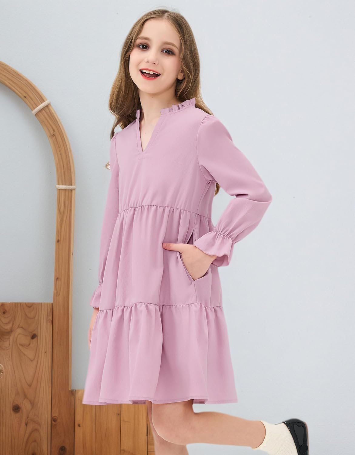 JiAmy Girls Dresses Long Sleeve V Neck Fall Ruffle Tiered Flowy Swing Casual Fashion Dress with Pockets - Image 3
