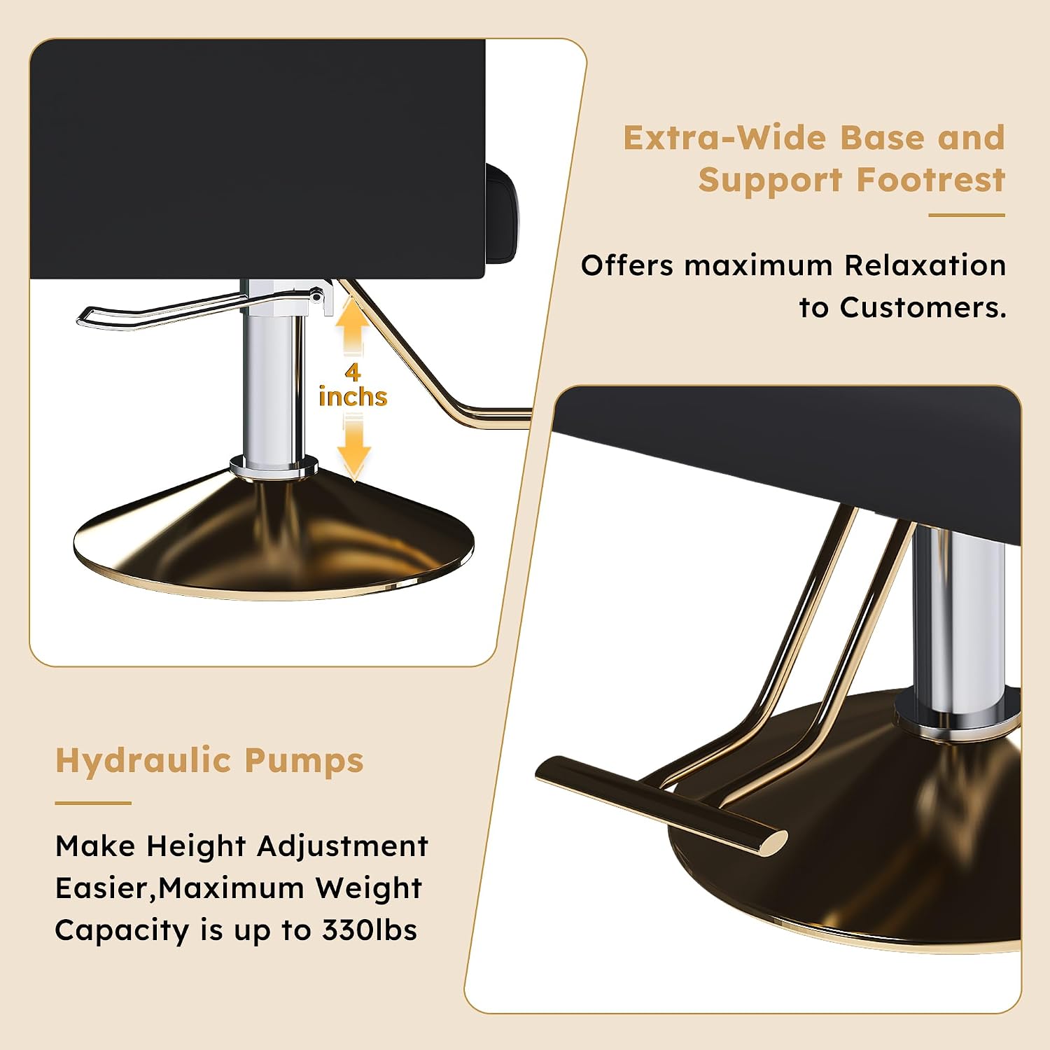 Professional Barber Salon Chair with 360° Swivel & Adjustable Height, Hydraulic Pump Stylist Chair with Stainless Steel Armrests, Black+Gold, Solid Armrests