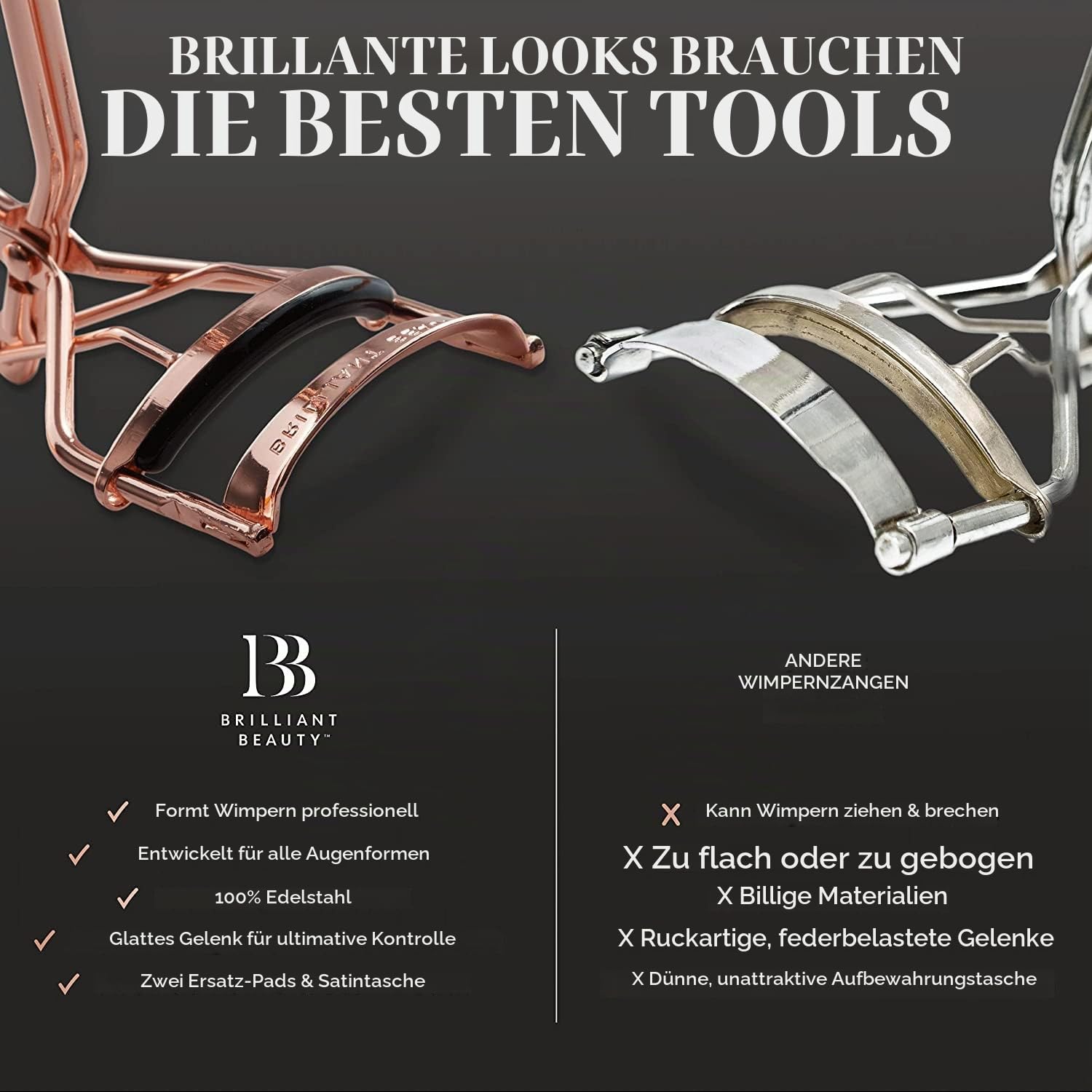 Brilliant Beauty Wimpernzange – Eyelash Curler inklusive Ersatzpads & Satinbeutel – passend für alle Augenformen (Roségold)