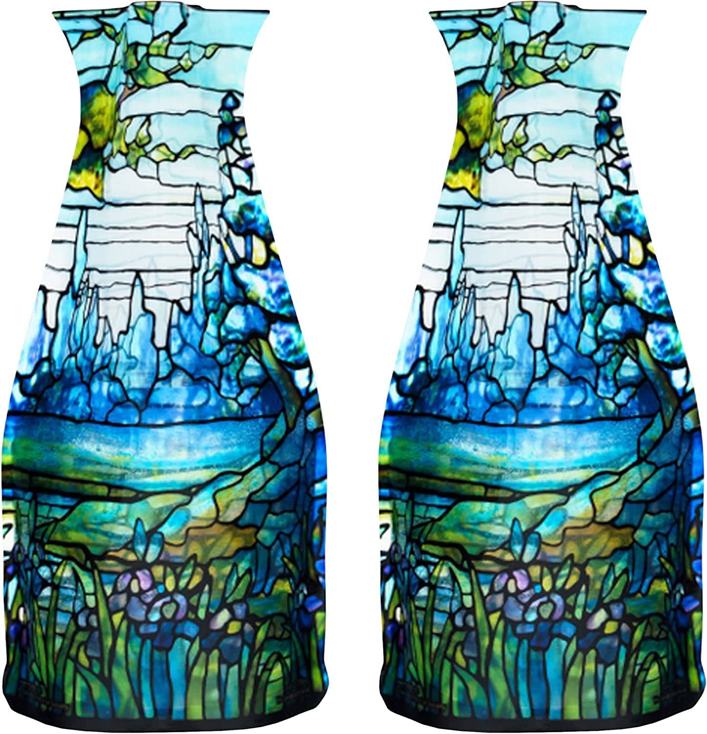 MODGY Expandable Flower Vase, Plastic Decorative Modern Foldable Printed Vases for Centerpieces for Wedding, Dining Table, Home Decor, Living Room, Bathroom, Iris Landscape, Louis C. Tiffany, 2 Pack