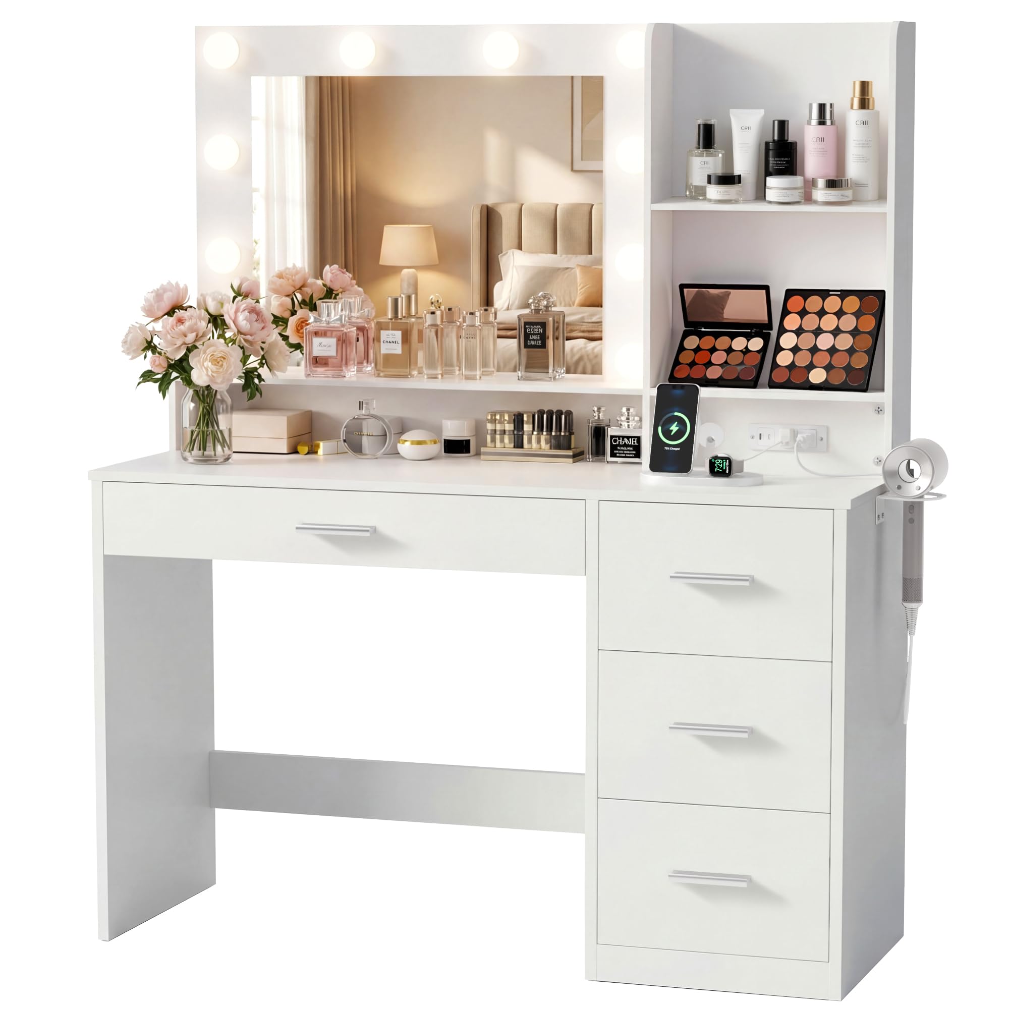 YESHOMY 39 Inch Vanity Desk with Mirror and LED Lights, Modern White