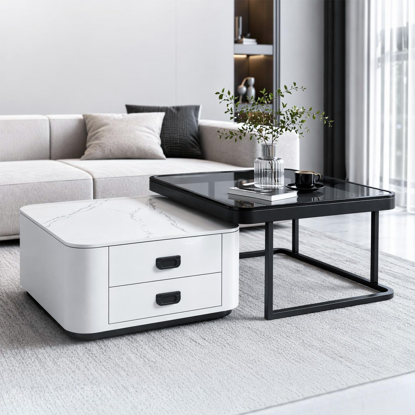 Small Square Coffee Table, Nesting Tables Set of 2, Modern Side Table with Storage Drawer, Sintered Stone and Tempered Glass Top for Living Room Apartment Hotel Office — image 1
