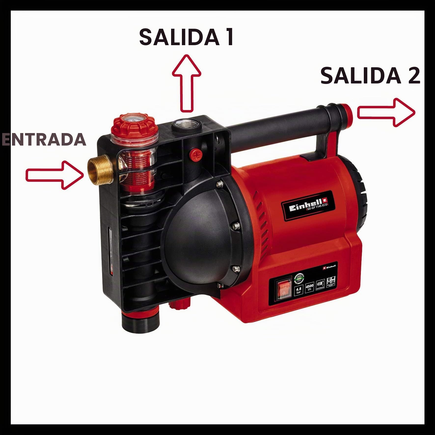 Einhell GE-GP 1145 ECO - Bomba de jardín (1100 W, 4500 L/h máx. caudal, indicador de llenado de agua, suciedad y succión, protección térmica/heladas, prefiltro con válvula antirretorno, incluye