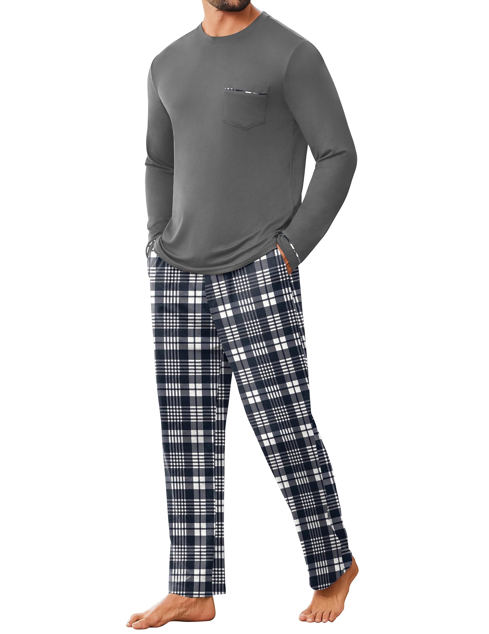 Ekouaer Schlafanzug Herren Lang Pyjama Langarm Hausanzug Winter Schlafanzüge Rundhals Nachtwäsche Kariert, S-XXL