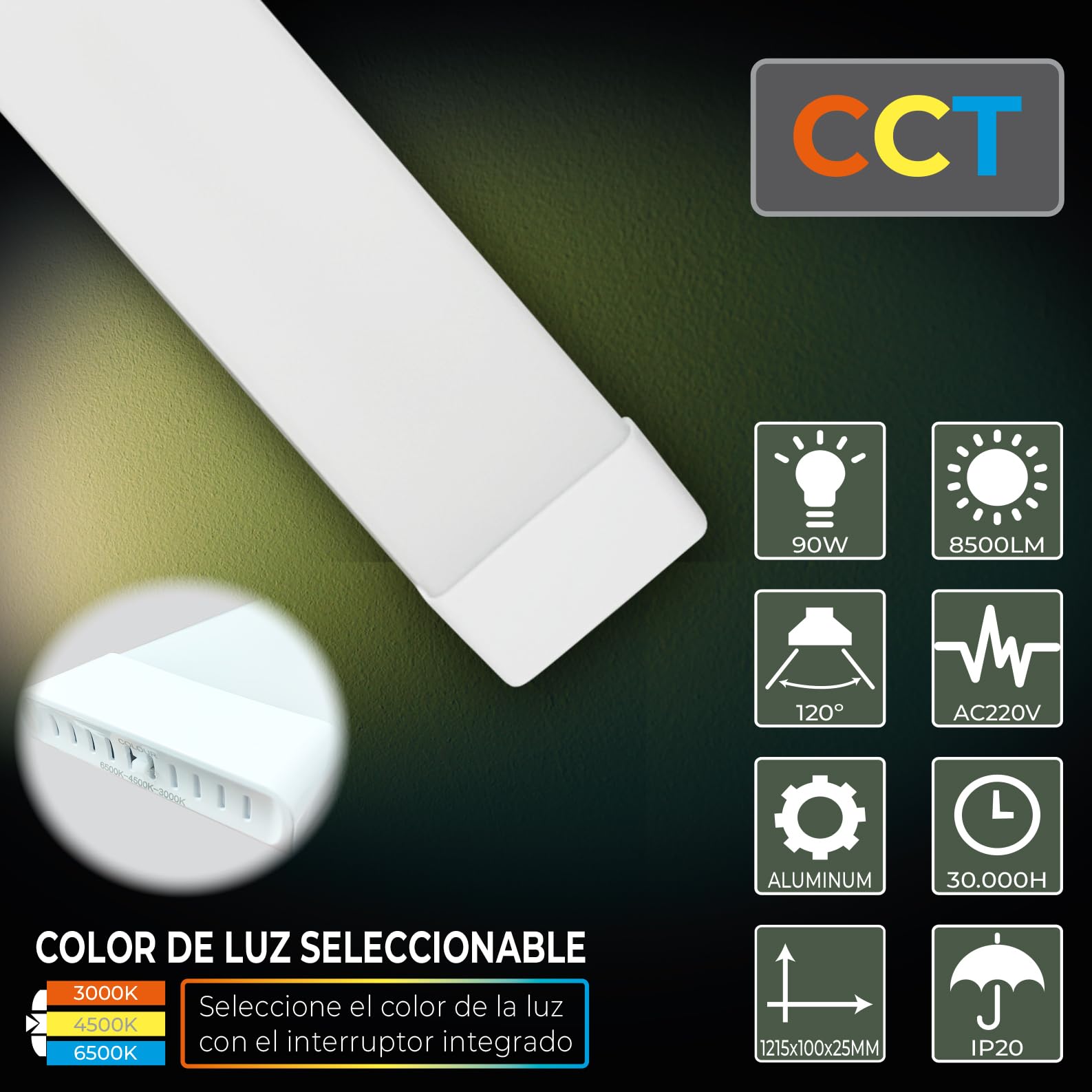 LED ATOMANT 6x Pantalla Luminaria LED 120cm 90W CCT 3000-6500K 8500lm | Con Selector de color CCT