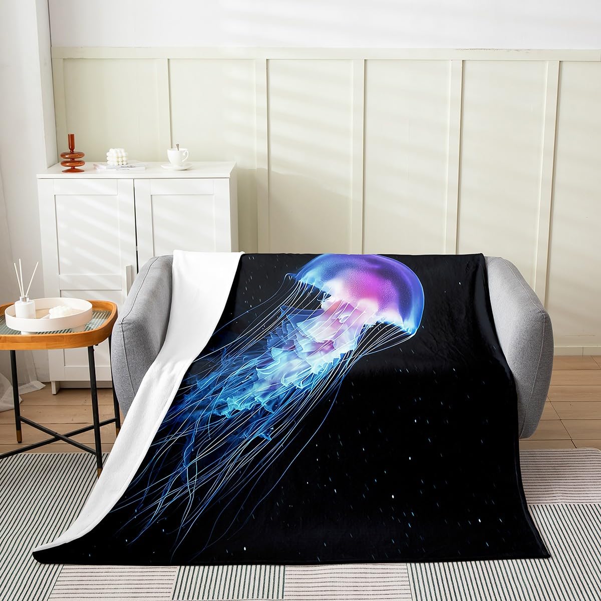 Jellyfish Flannel Fleece Throw Blanket Twin 60"x80" Ocean All Season Bed Blanket for Sofa Sea Creature Underwater World Fuzzy Blanket Marine life