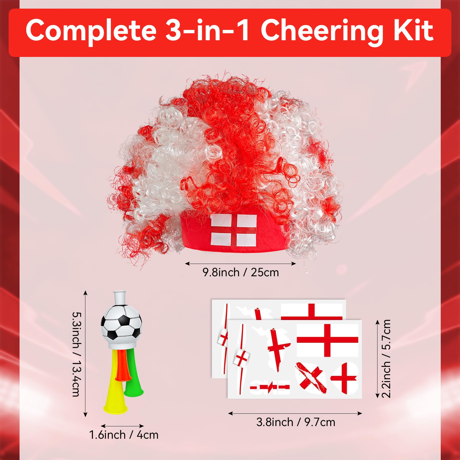 2026 Soccer Fan Gear Set – England Flag Clown Wig, Temporary Tattoos & Loud Horn – Cheer Accessories for International Football Matches, Stadium Parties & Global Tournament Celebrations — view 3