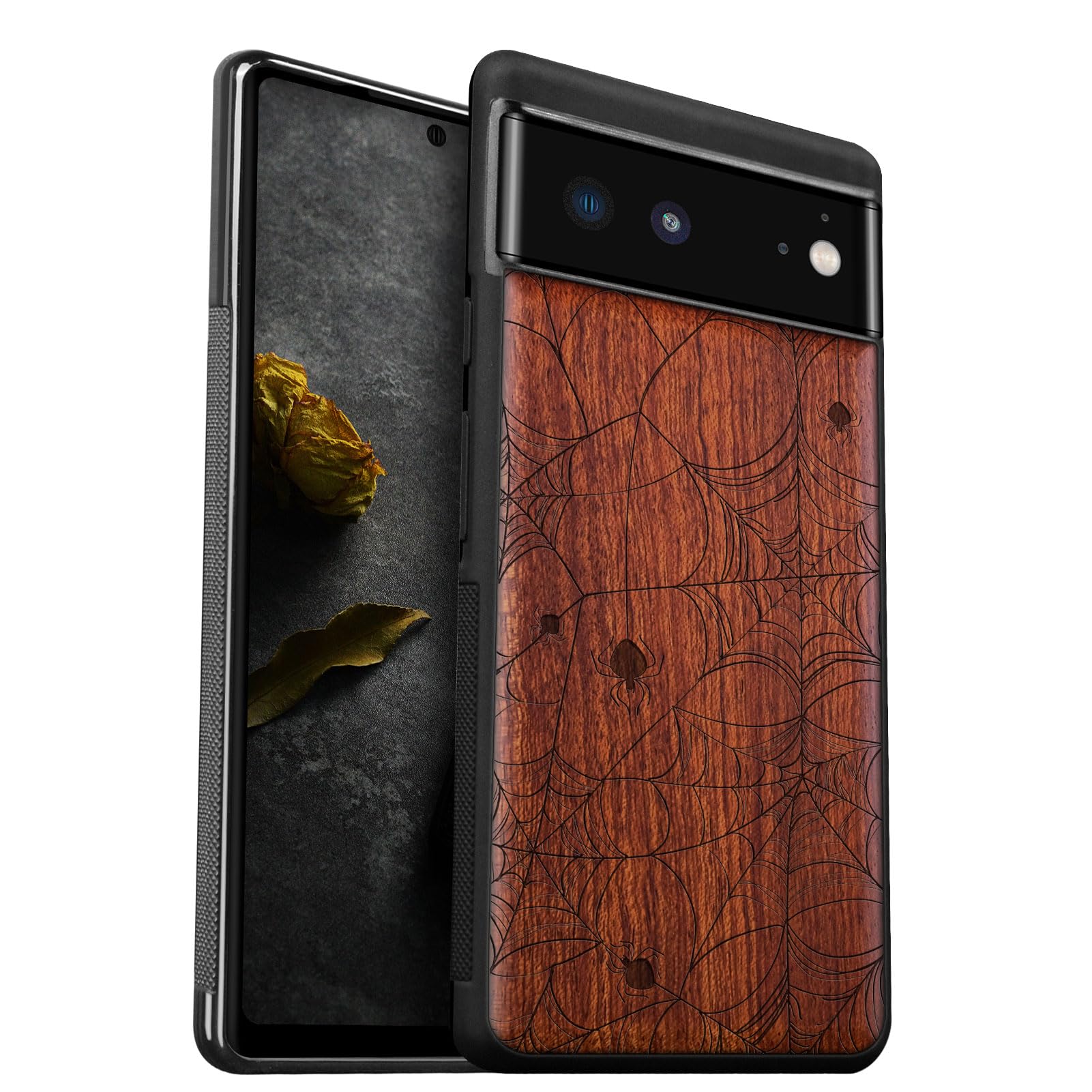 Carveit Custodia Compatibile con Google Pixel 6 Case Antiurto con Protezione in Legno Cover per Pixel 6 Custodia Paraurti Robusto TPU (Rosea-Web Spinner's Craft