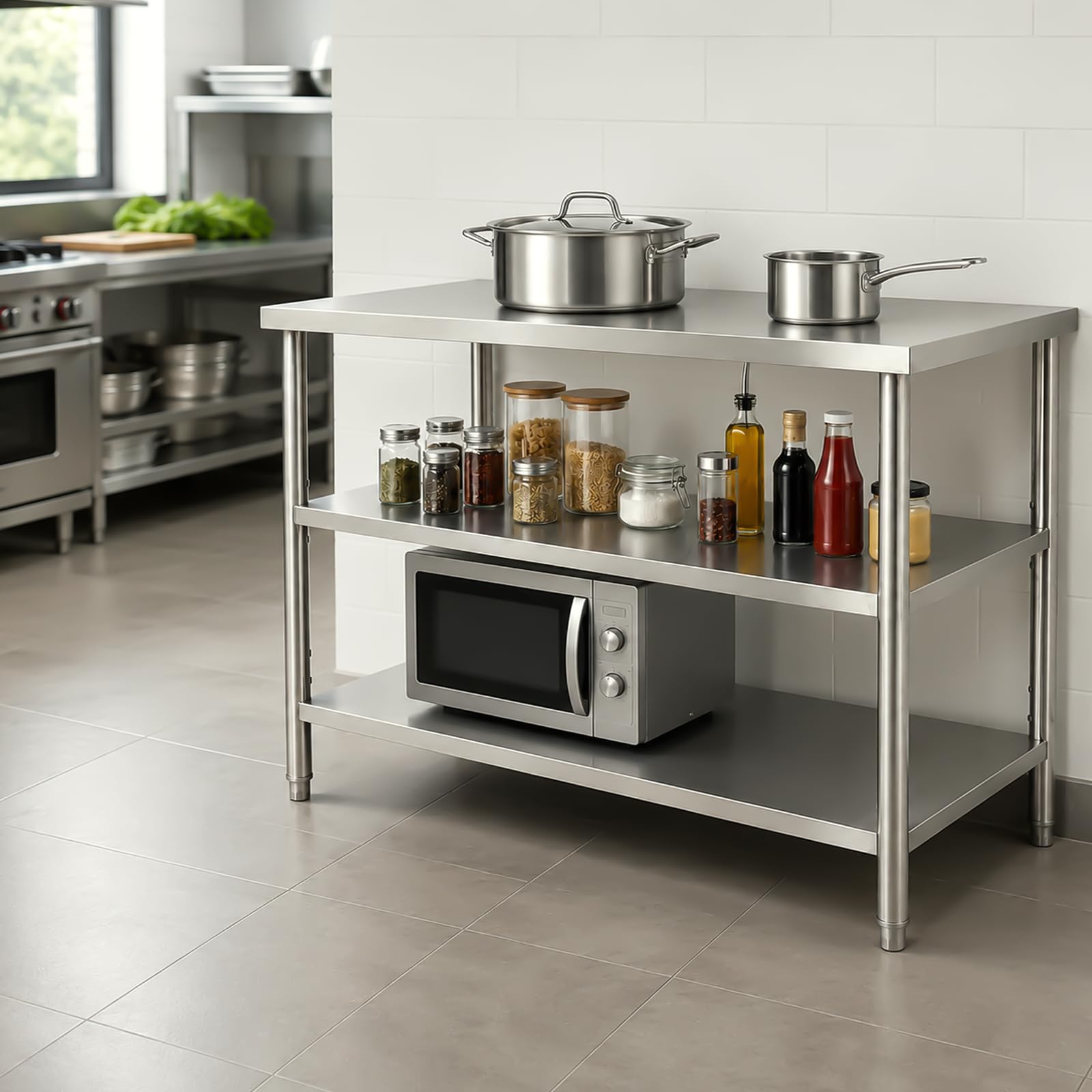Tavolo da lavoro in acciaio inox, 3 ripiani, per gastronomia, cucina, 120 x 60 x 90 cm