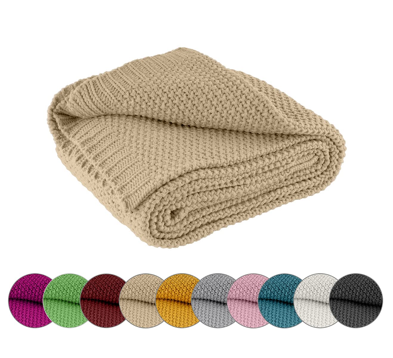 wometo Manta de Punto 140 x 190 cm, Color Beige – Manta de Punto oekoTex cálida y Suave con patrón de Punto Elegante y Sencillo OEKO-TEX STANDARD 100