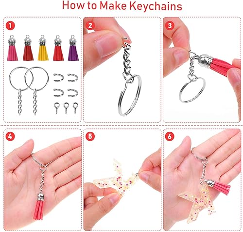 Miniatura 5 de Cridoz Juego de llaveros con borlas, 400 piezas, incluye borlas, llavero, anillos para saltar y pasadores de ojo de tornillo para llavero acrílico y