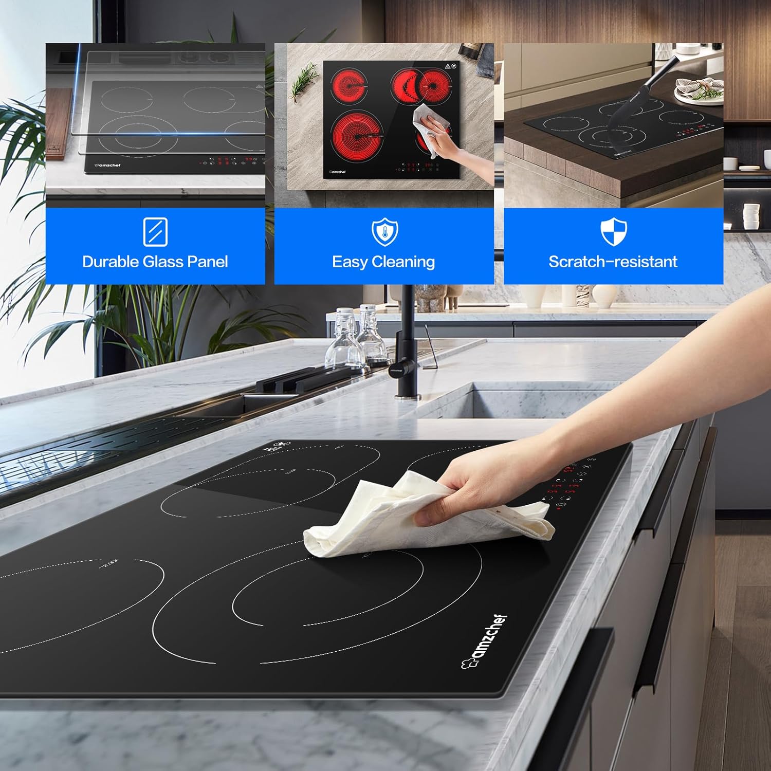 AMZCHEF Piano Cottura a Induzione 4 Fuochi, Piano cottura a induzione, 59cm Piastra Induzione con funzione di pausa, blocco bambini, timer, 7000W, 220-240v AMZCHEF Piano Cottura a Induzione 4 Fuochi, Piano cottura a induzione, 59cm Piastra Induzione con funzione di pausa, blocco bambini, timer, 7000W, 220-240v