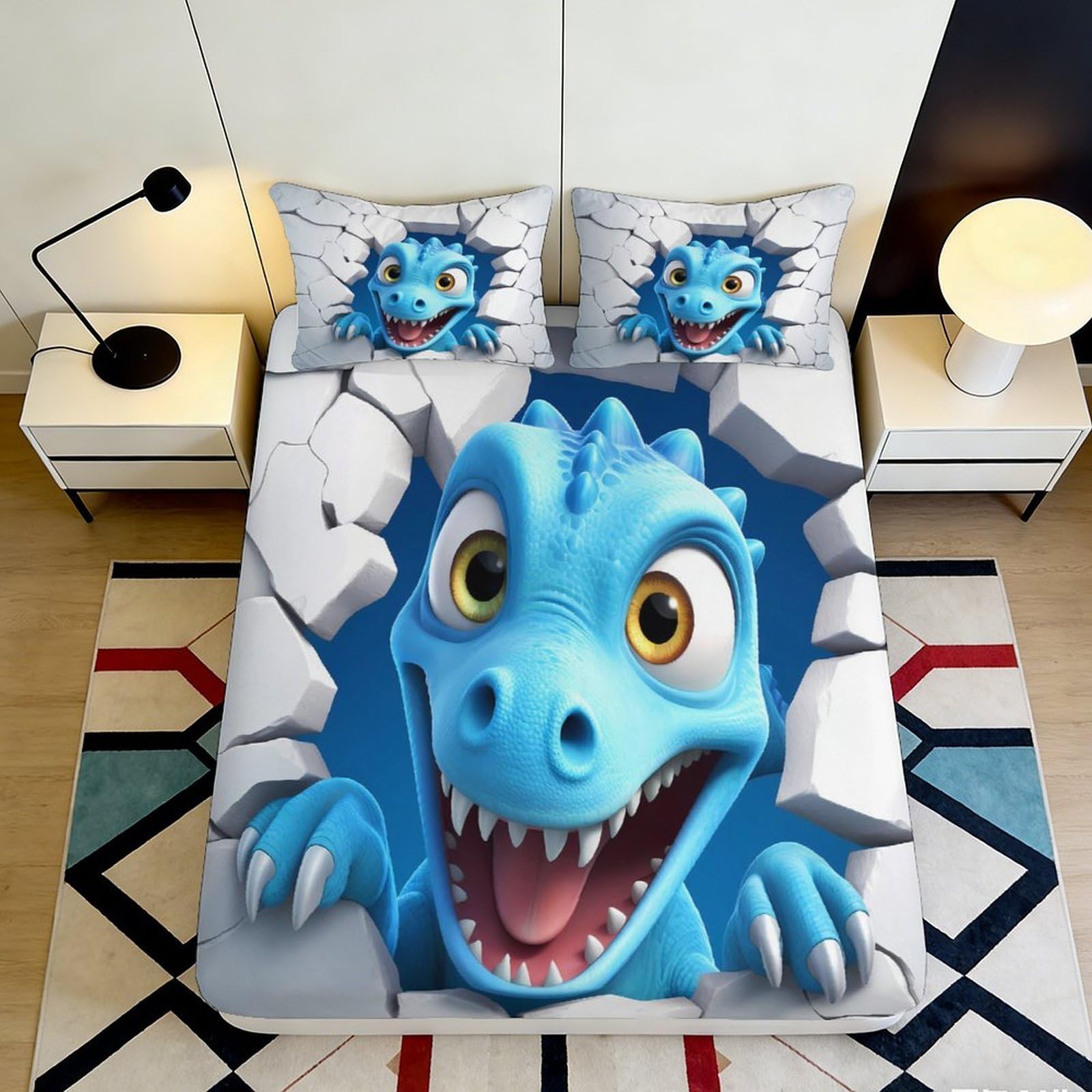 3D Printed Blue Dinosaur Fitted Sheet Microfiber Soft Breathable Cartoon Bed Cover for Bedroom Dormitory Guest Room Mattress Protection Decor 200x200x25cm