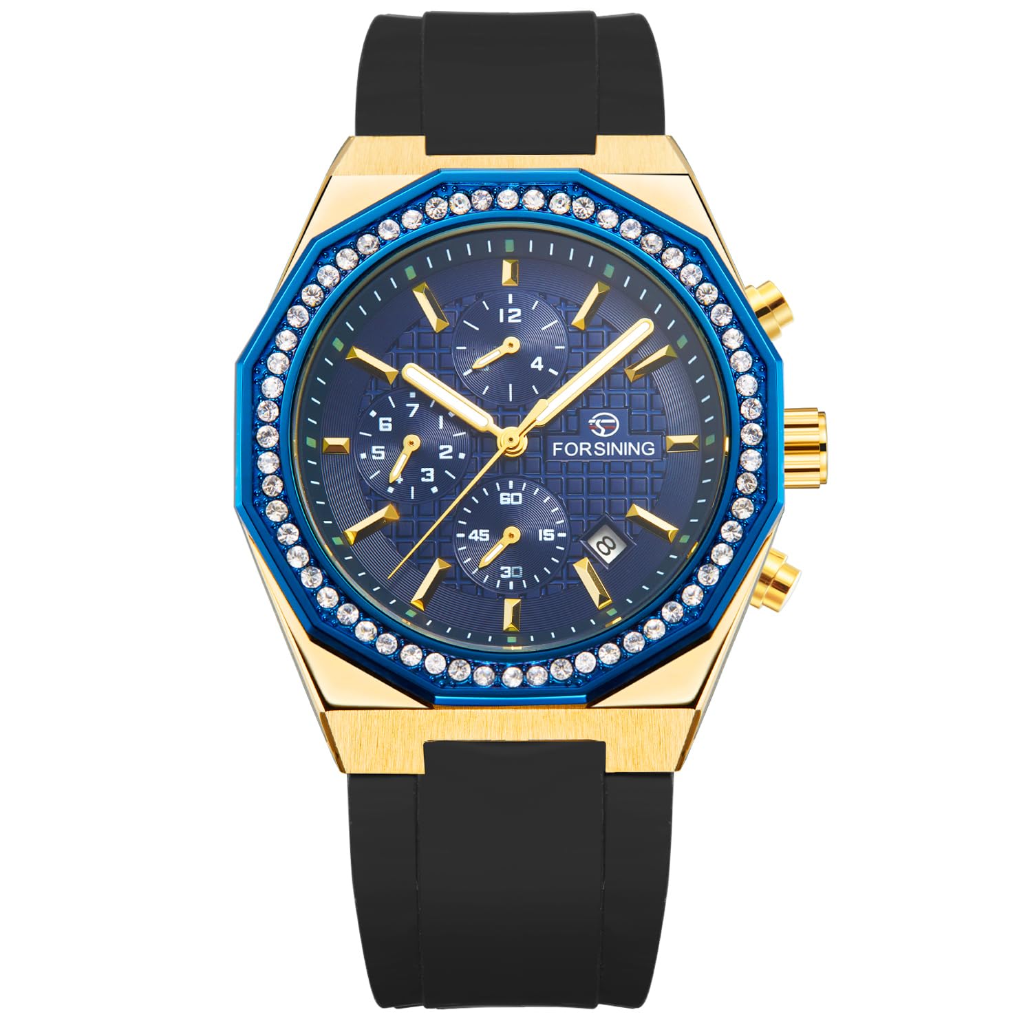 FORSINING Herren Automatik Selbstaufzug Dodecagon Uhr Kalender Mode Diamant Chronograph Mechanische Uhr mit Silikonband