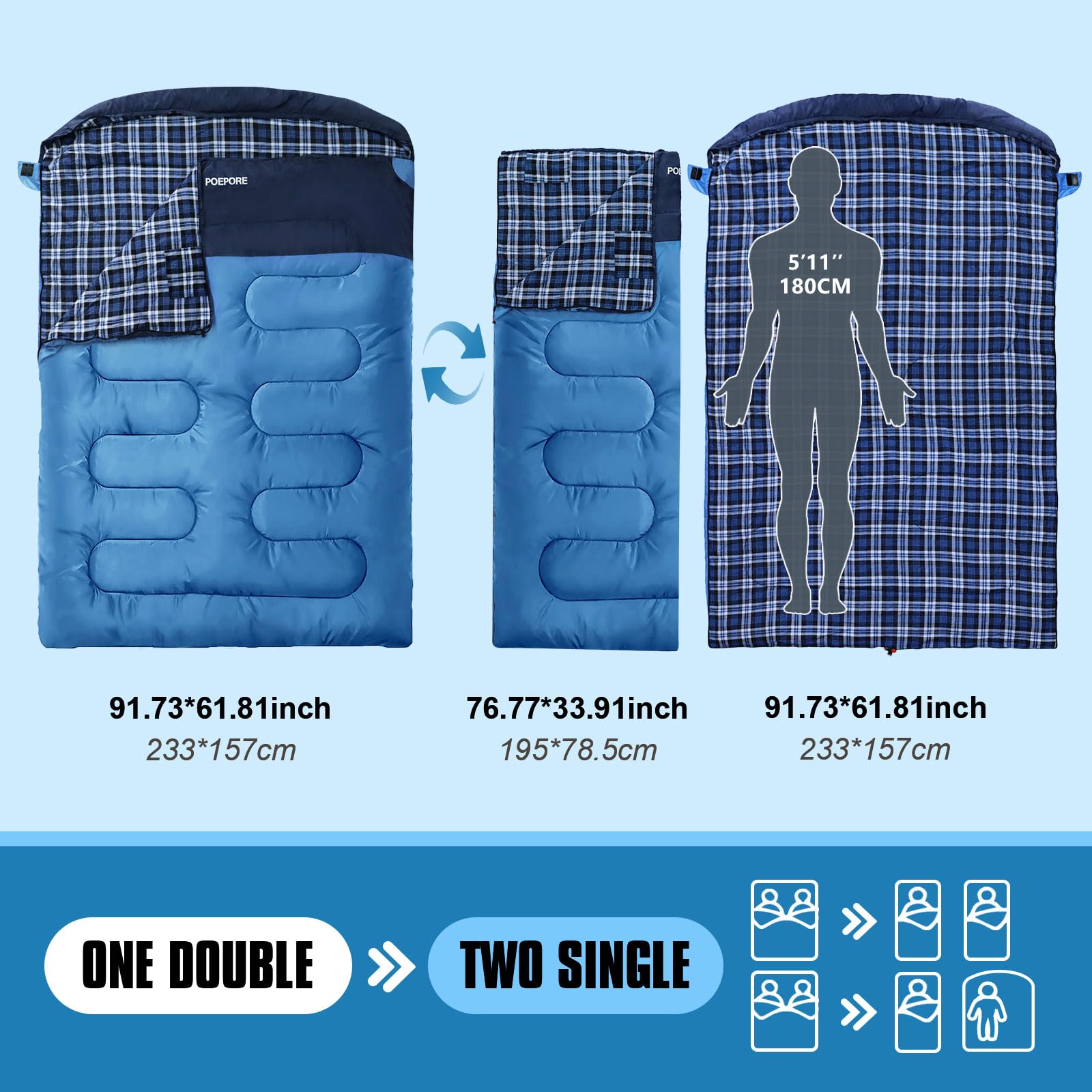 Sacco a Pelo Matrimoniale in Flanella per Adulti 0℃ 3-4 Stagioni Sacci a Pelo 2 Persone Portatile con 2 Pillow e un Sacco a Compressione Campeggio Trekking Escursioni 233 x 157 cm